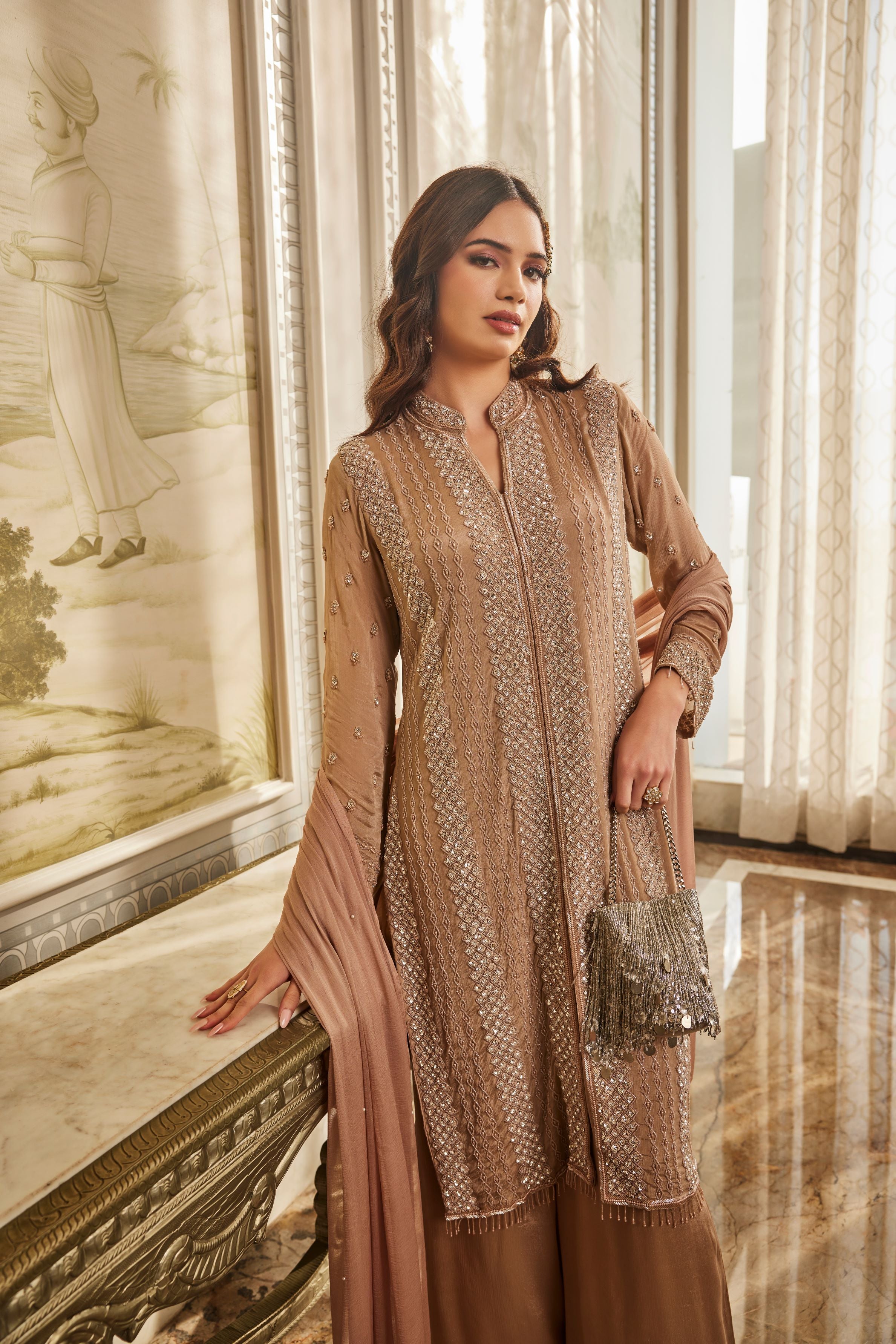 Beige Embellished Chinon Silk Palazzo Set