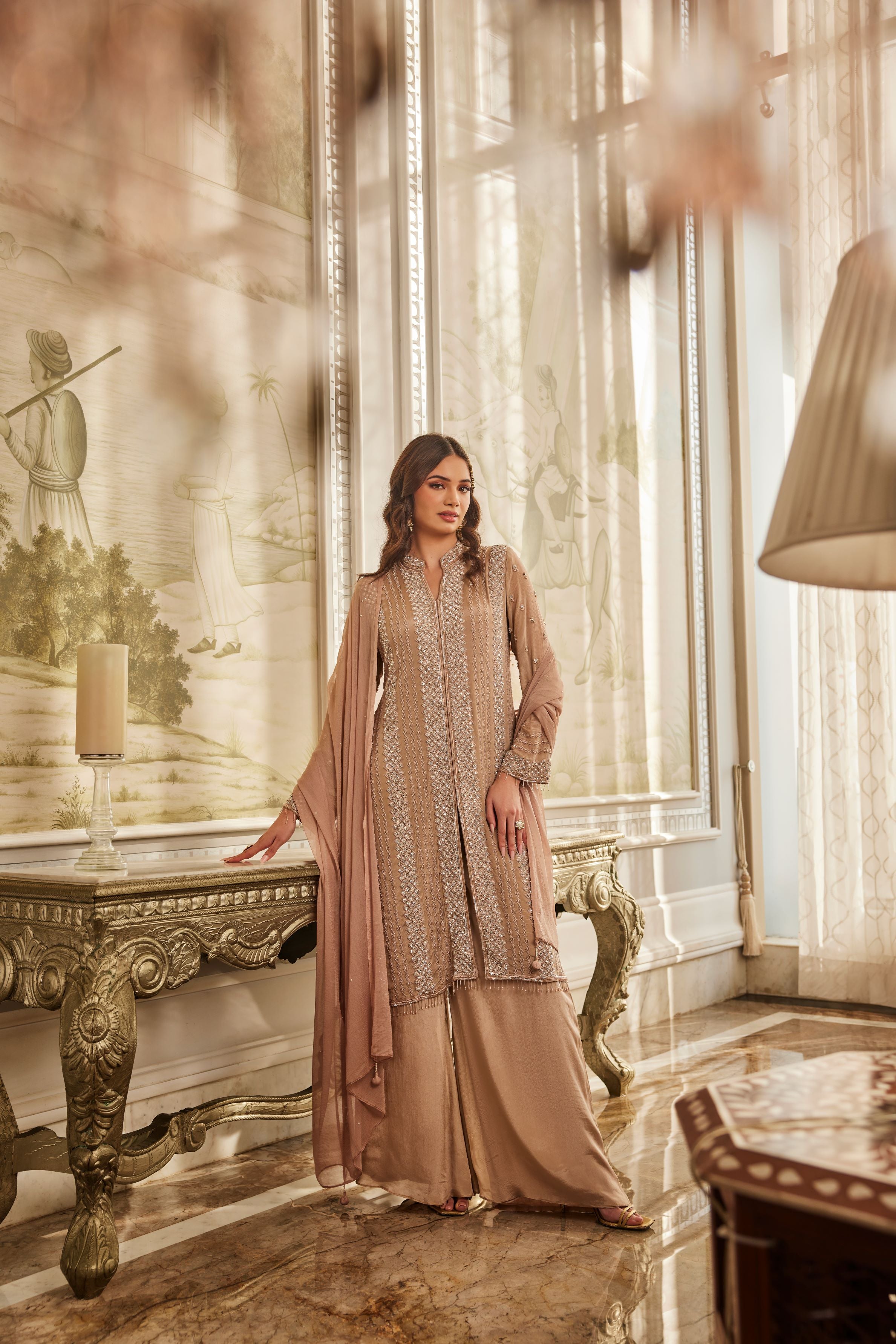 Beige Embellished Chinon Silk Palazzo Set