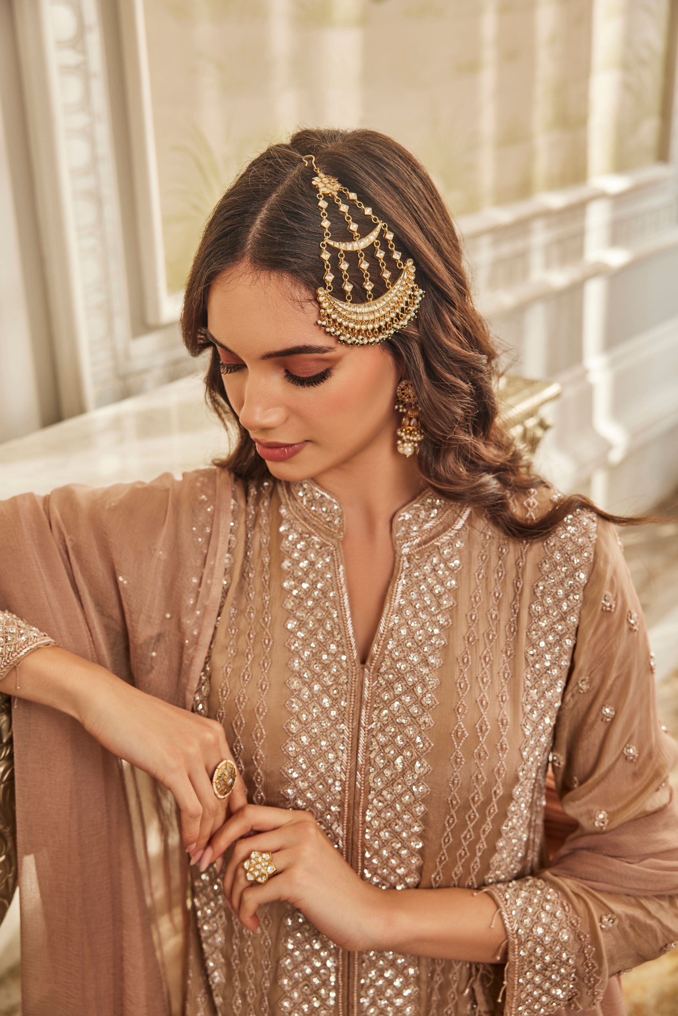 Beige Embellished Chinon Silk Palazzo Set