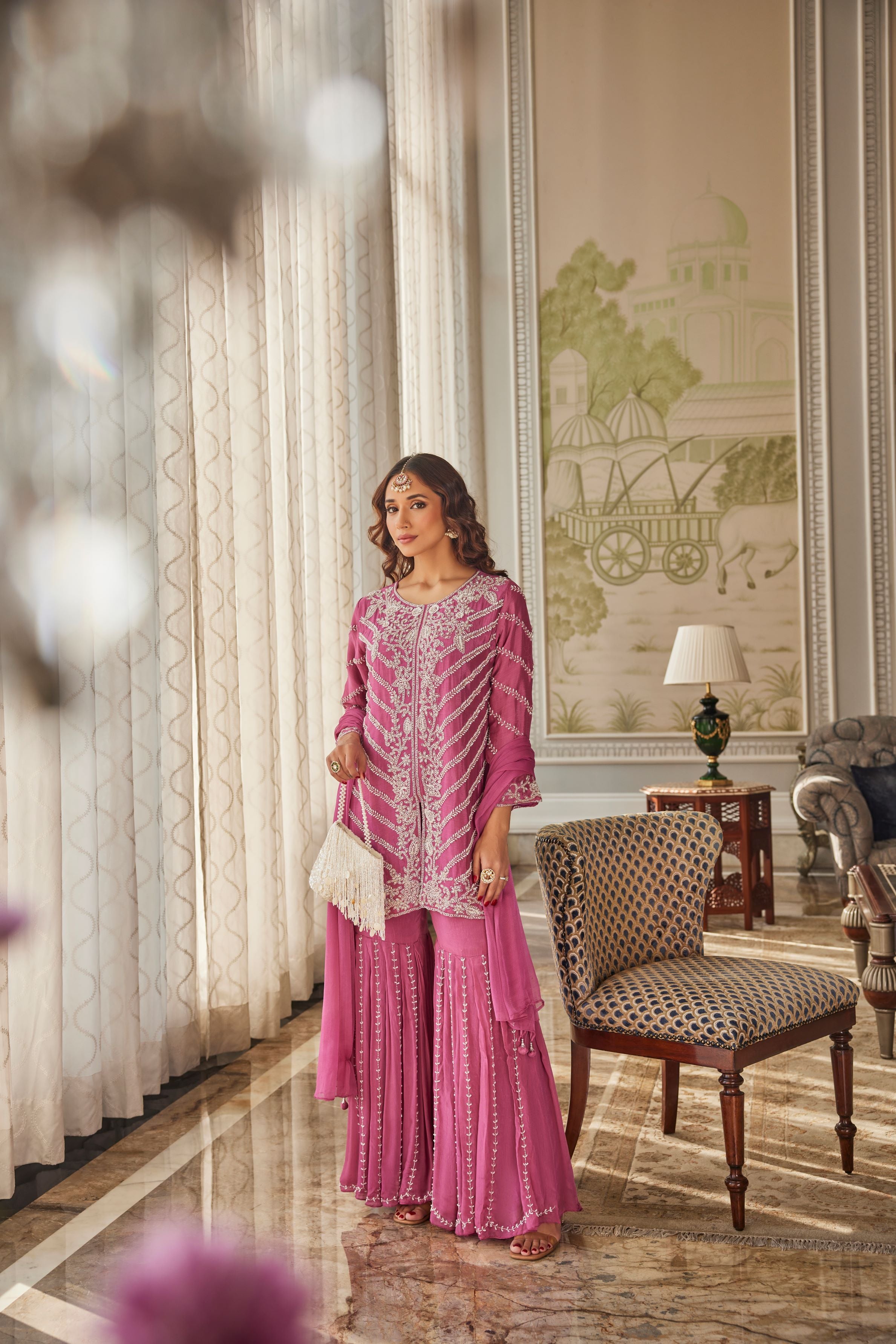 Radiant Pink Chinon Sharara Set