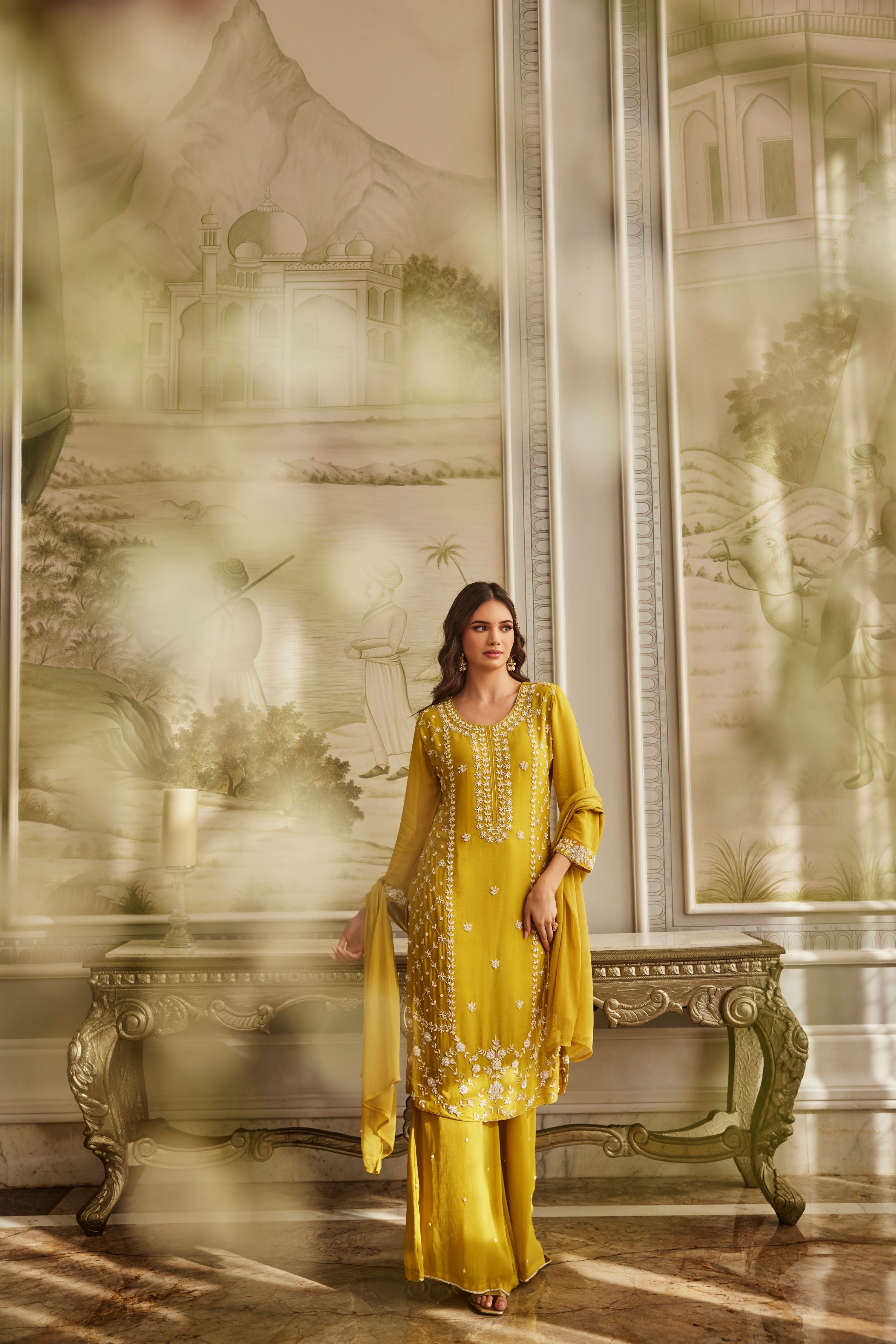 Yellow Embellished Chinon Silk Palazzo Set