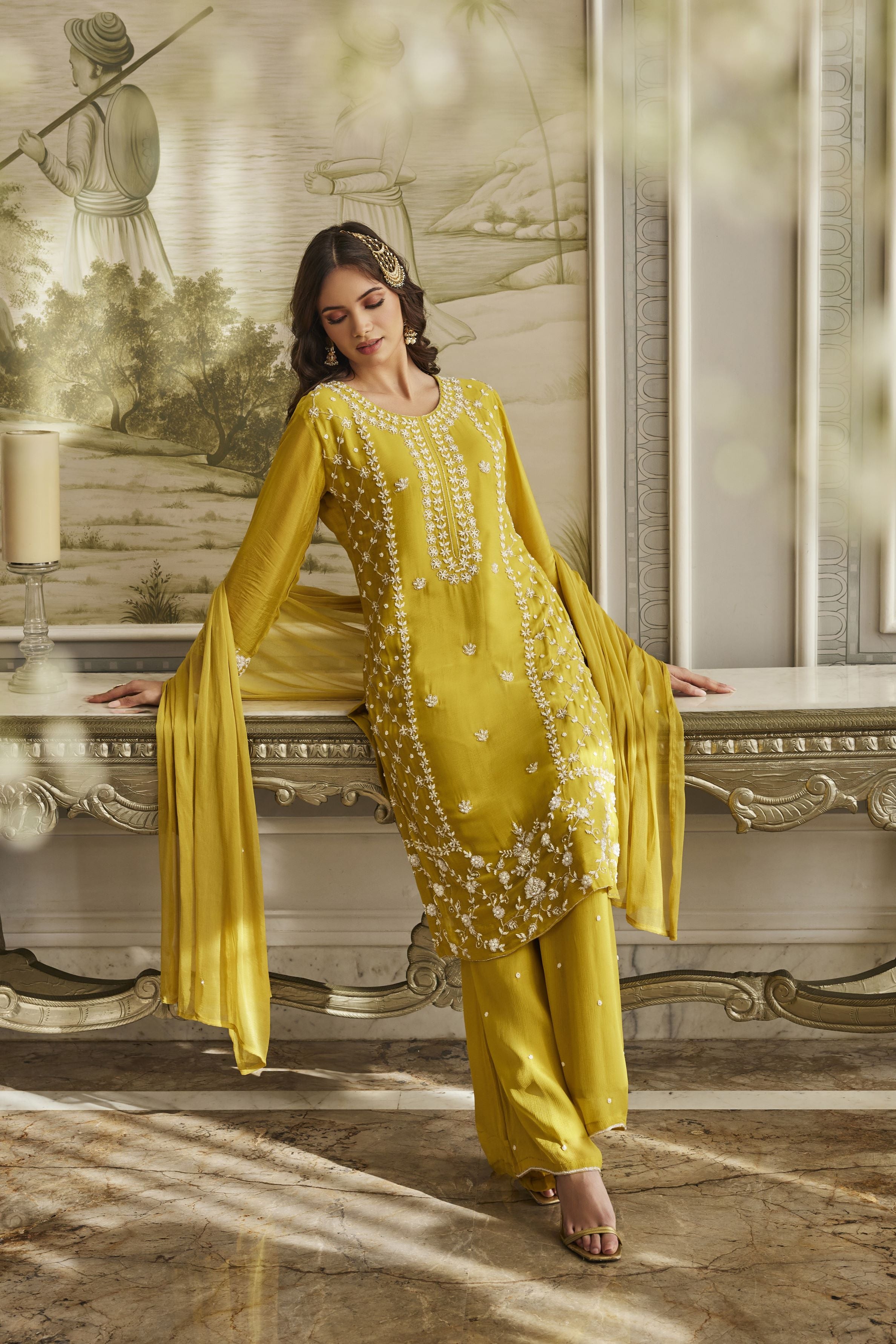 Yellow Embellished Chinon Silk Palazzo Set