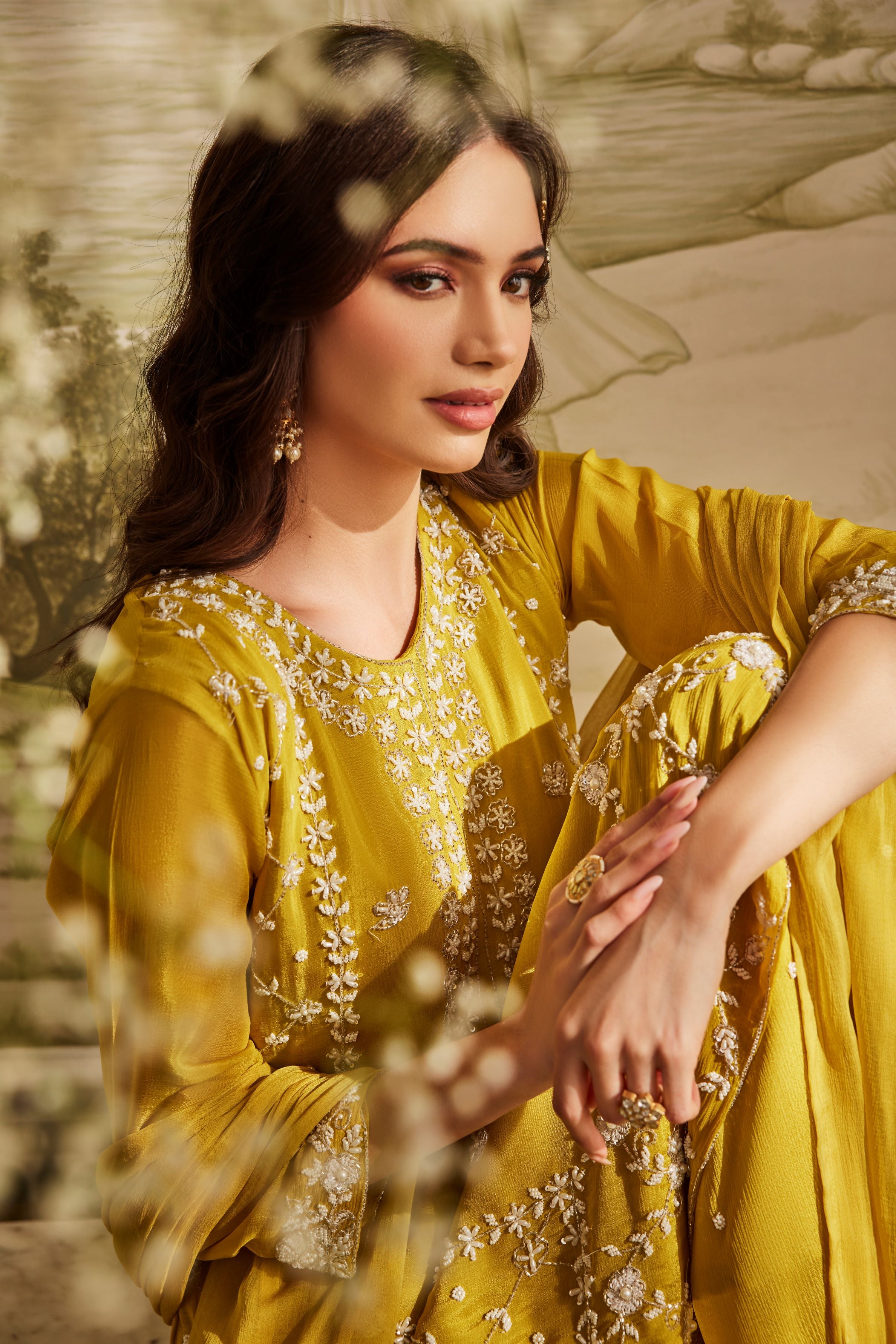 Yellow Embellished Chinon Silk Palazzo Set