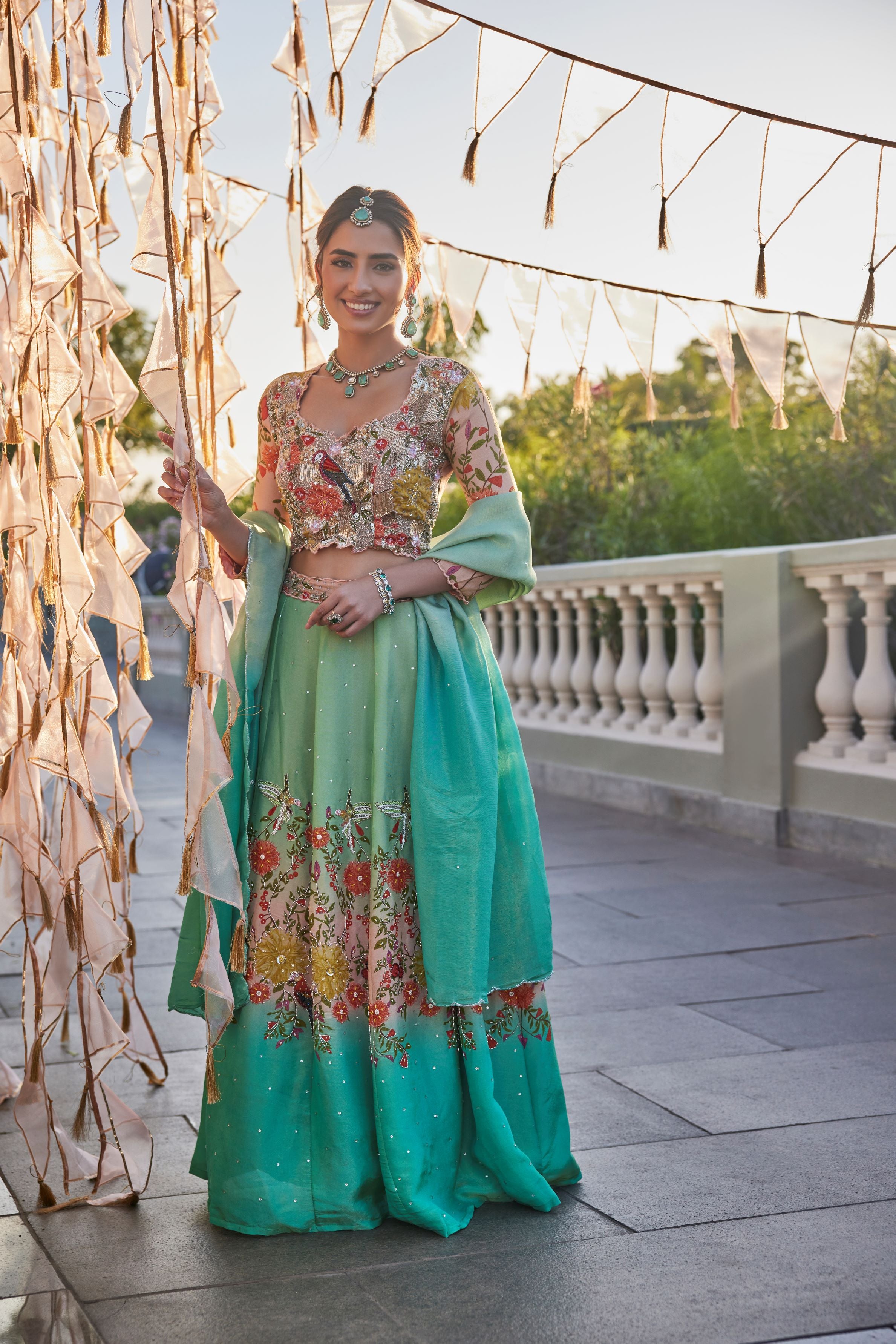 Green Printed Shimmer Tissue Silk Lehenga Set