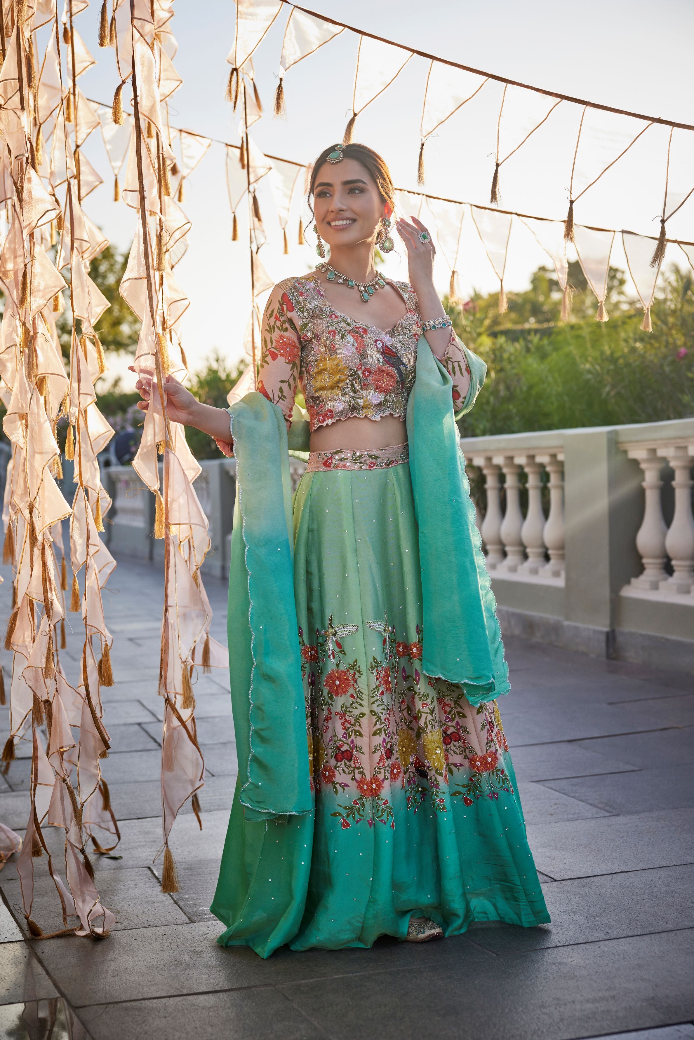 Green Printed Shimmer Tissue Silk Lehenga Set