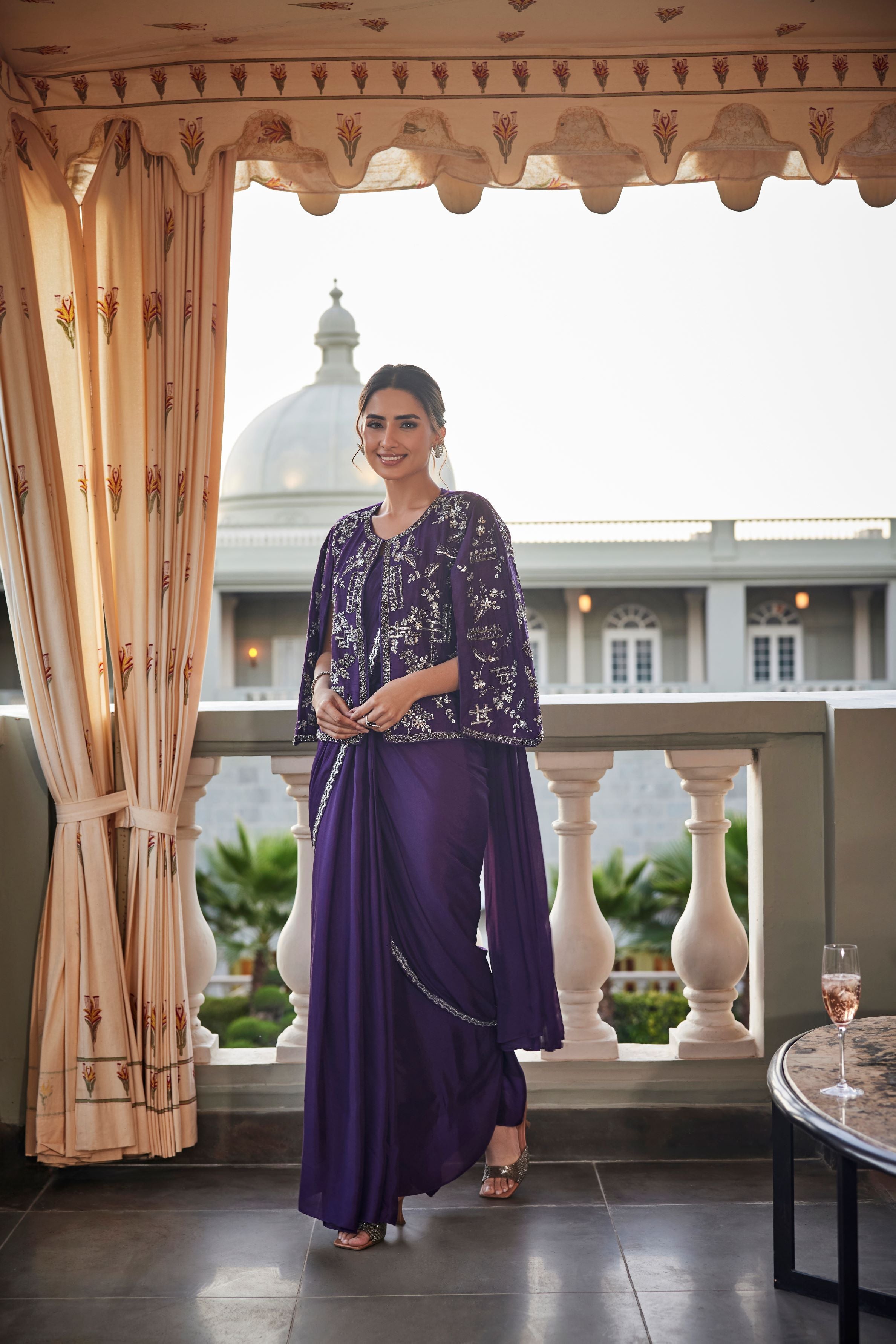 Purple Georgette Silk Jacket Draped Saree