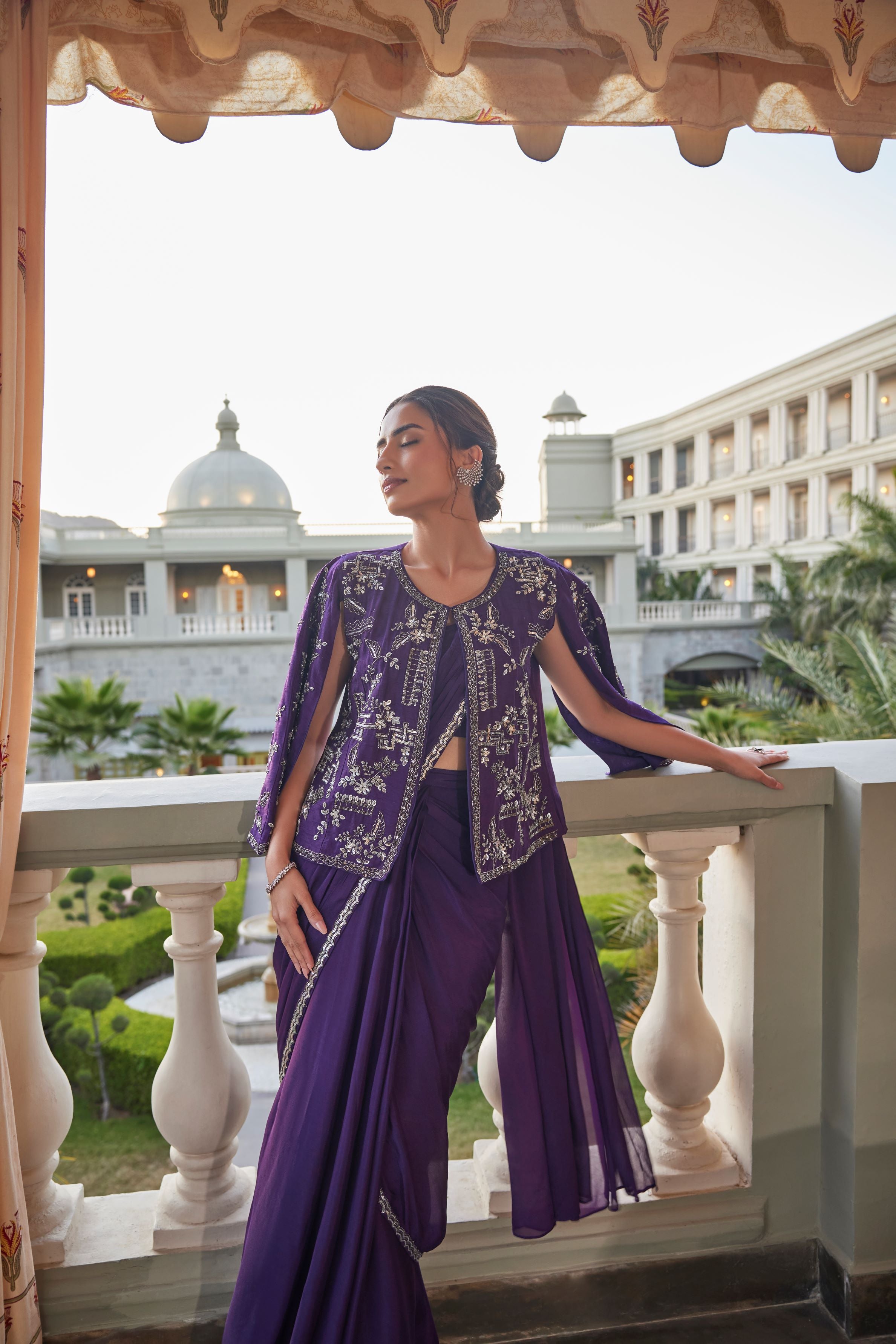 Purple Georgette Silk Jacket Draped Saree