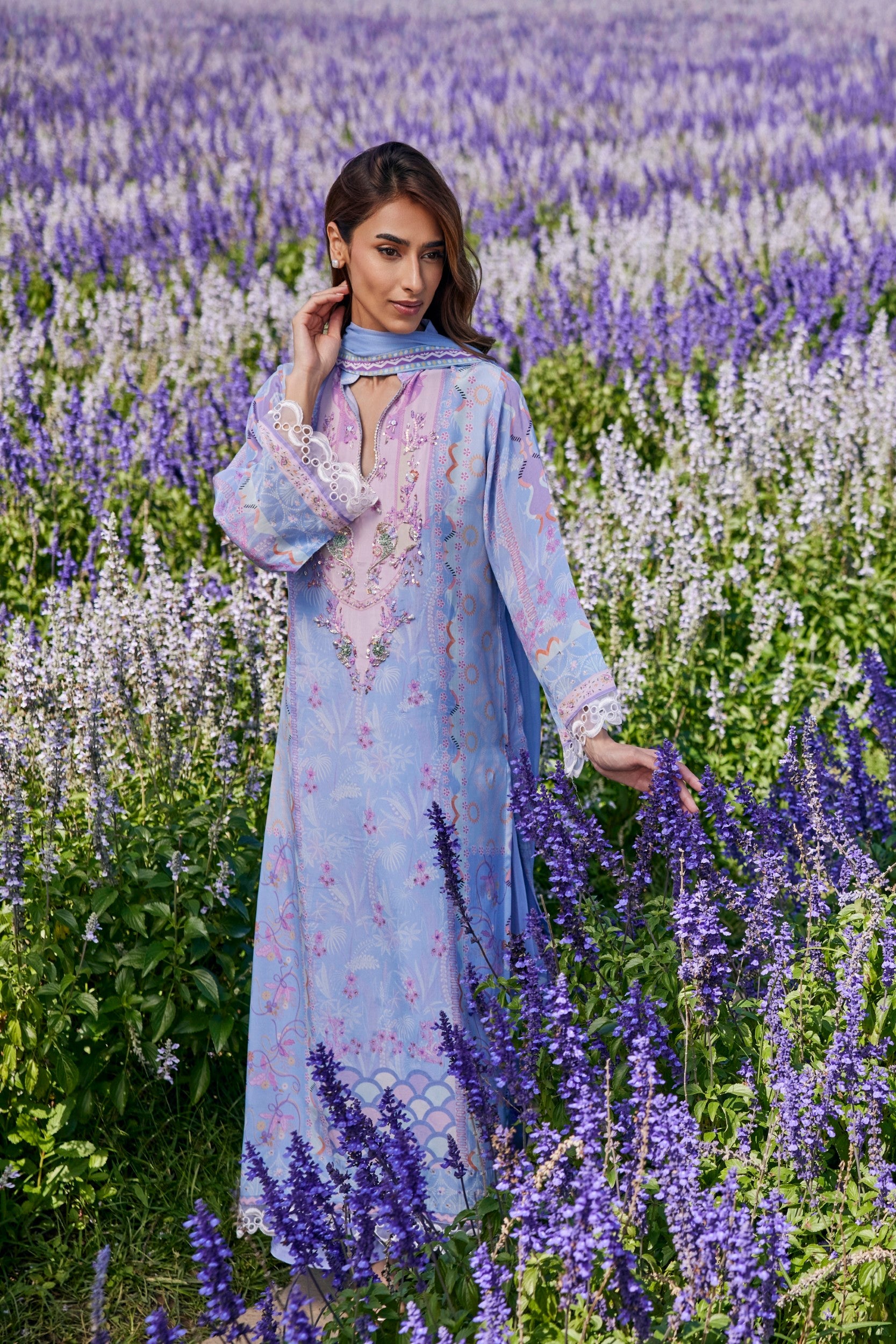 Powder Blue Embellished Crepe Silk Pant Set