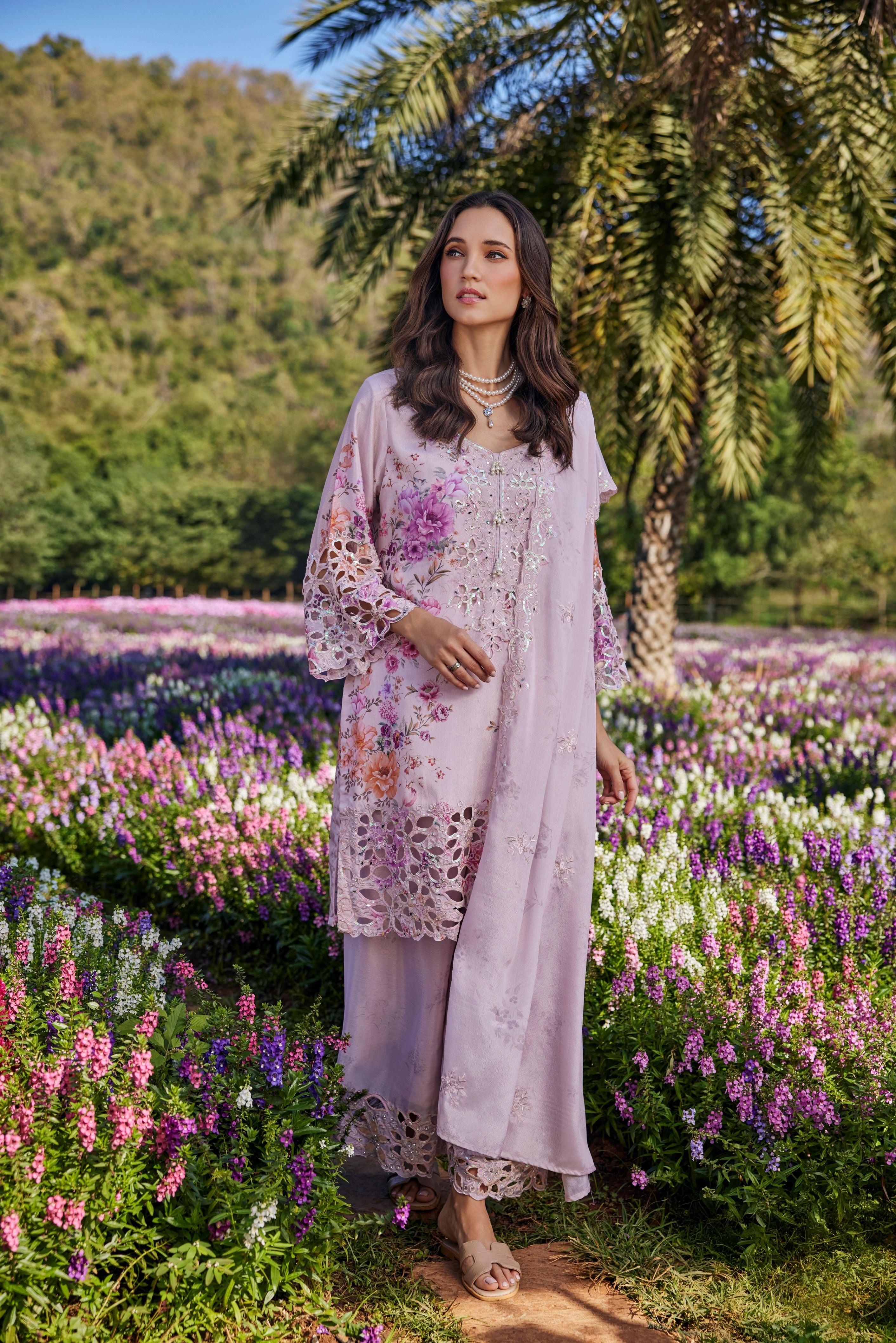 Light Rose Pink Embellished Crepe Silk Palazzo Set