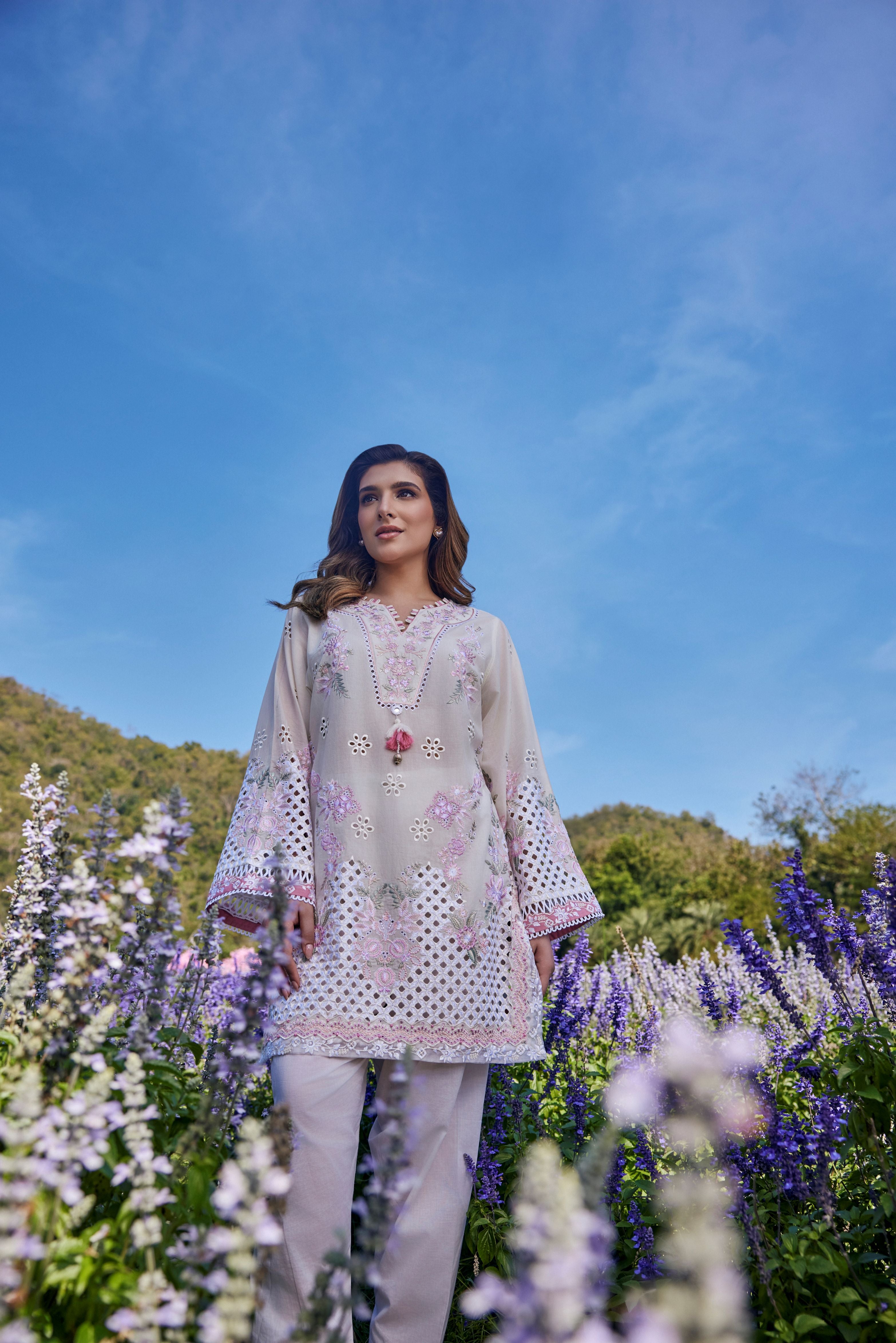 Ivory Lavender Embroidered Cotton Kurta Set
