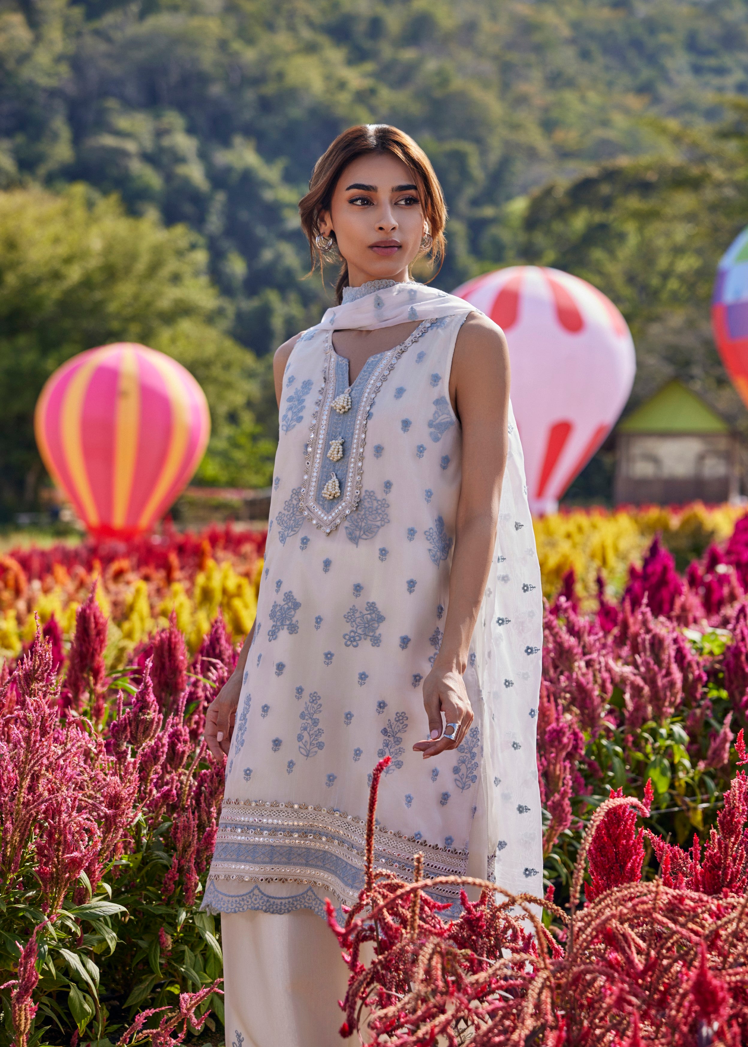 Off-White Embroidered Organza Silk Pant Set