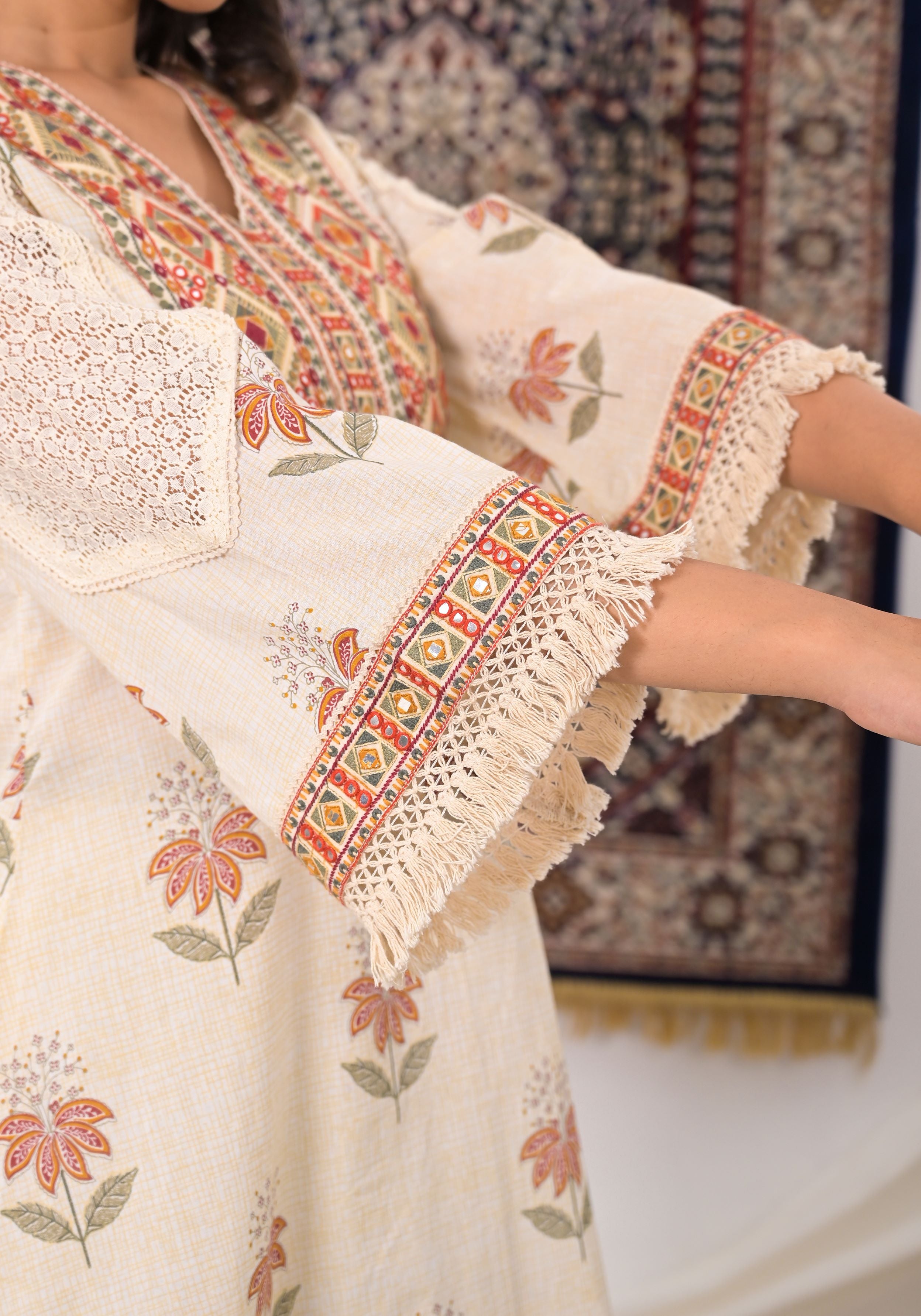 Cream Embroidered Cotton Silk Kurta & Pants Set
