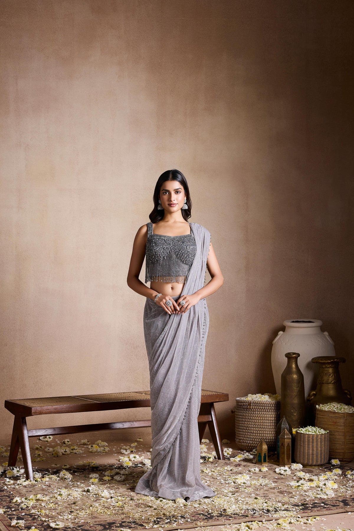 Metallic Silver Embellsihed Crepe Silk Saree Set
