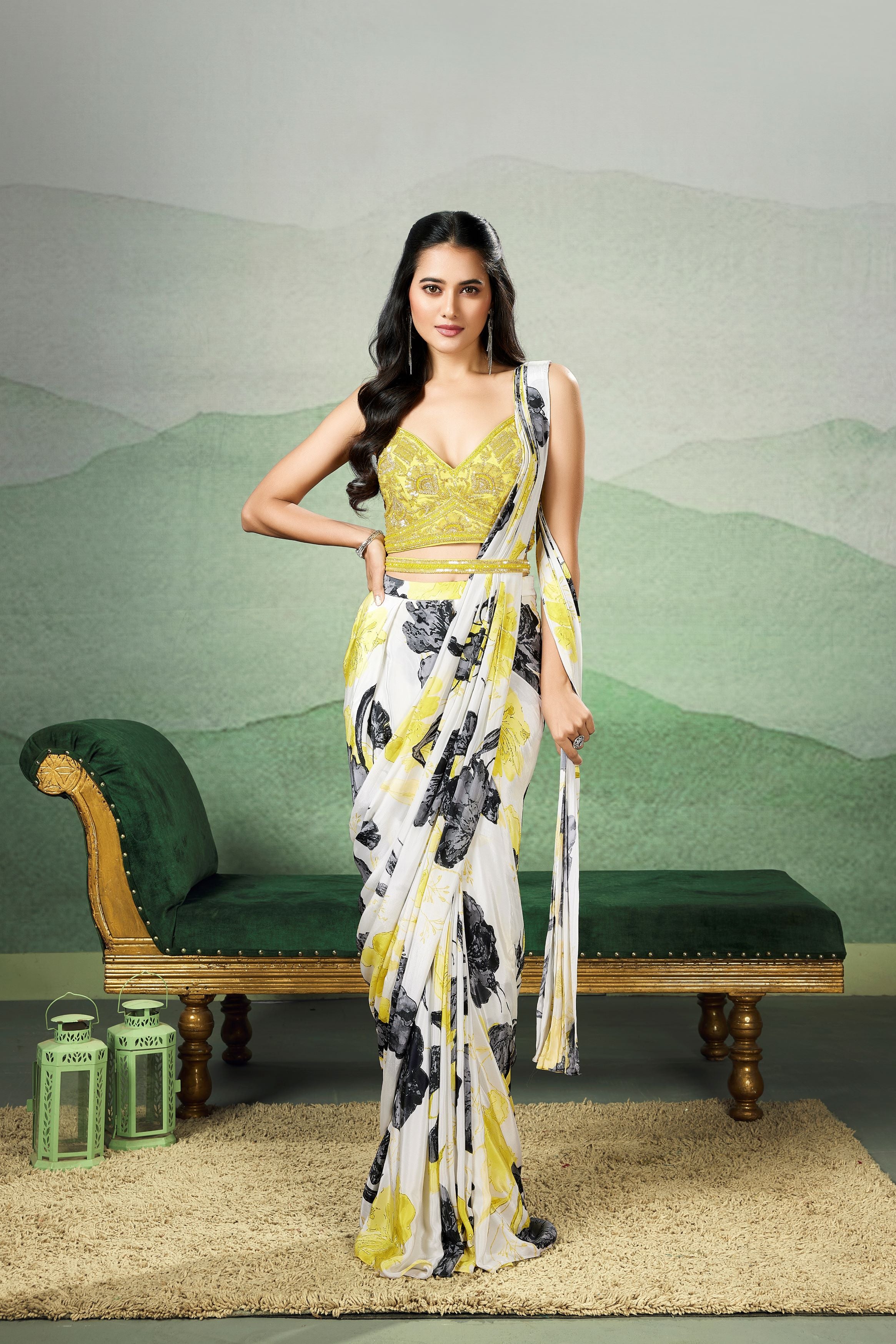 Bright Yellow Floral Printed  Chinon Silk Saree