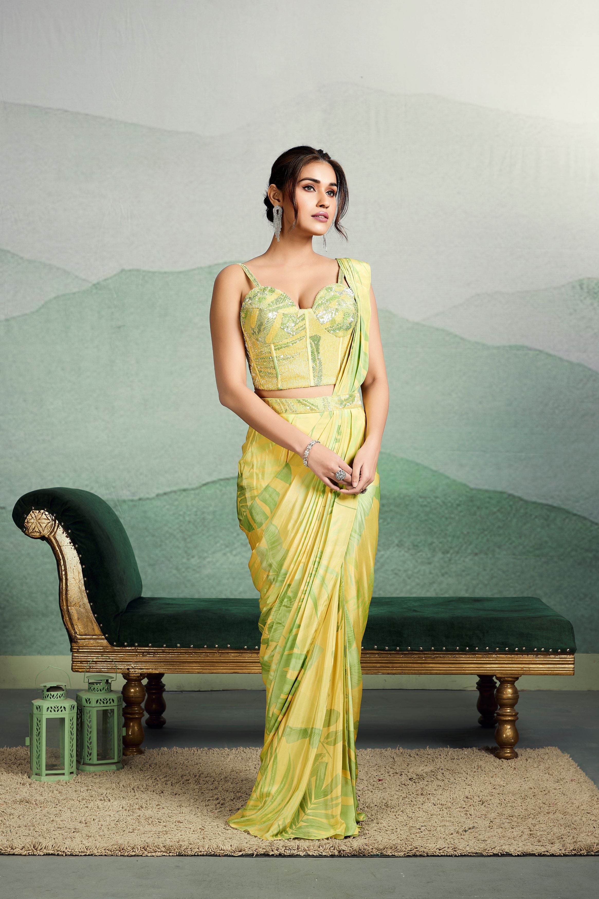 Bright Yellow Digital Printed Chinon Silk Saree