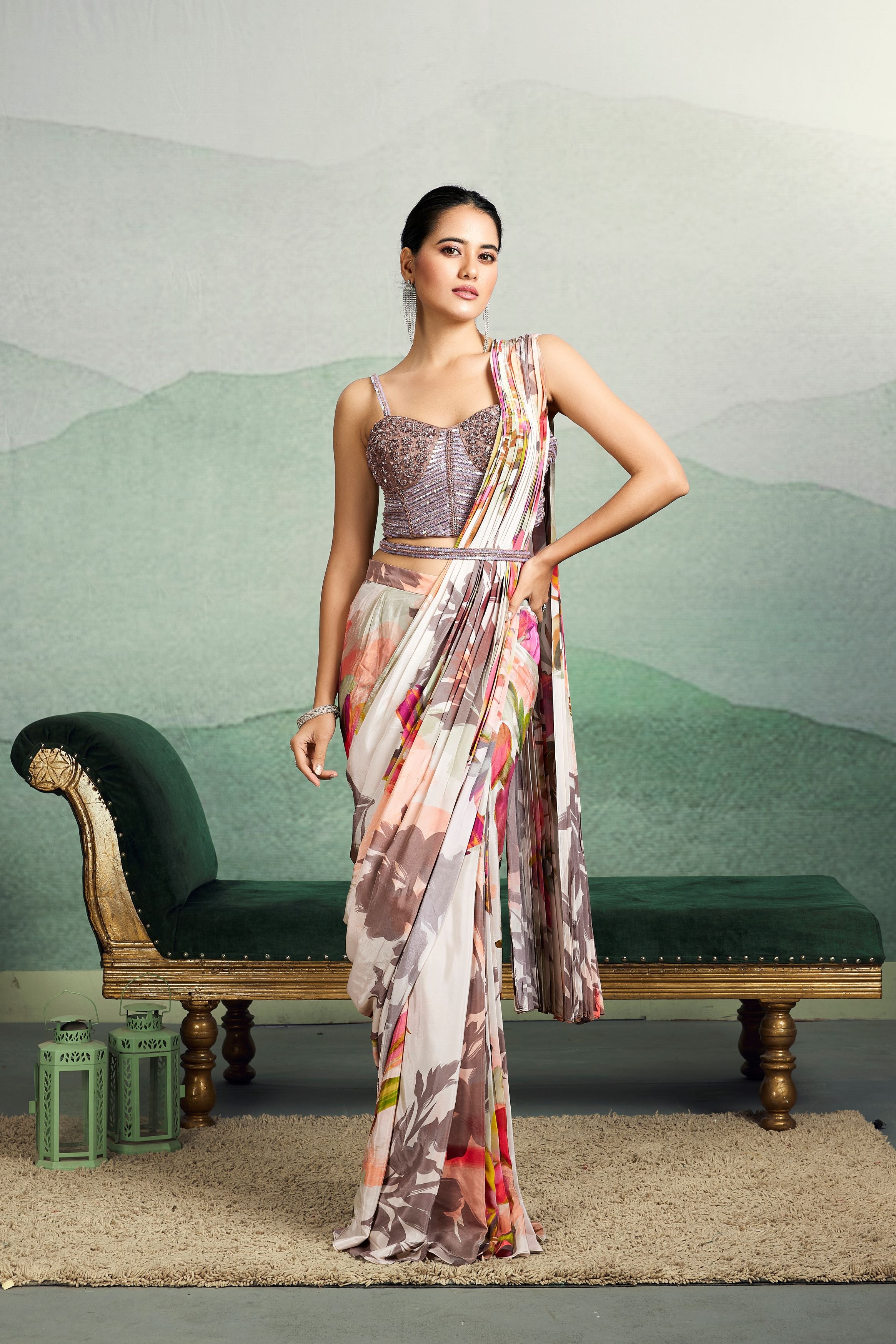 Bright Cream Digital Floral Printed Chinon Silk Saree