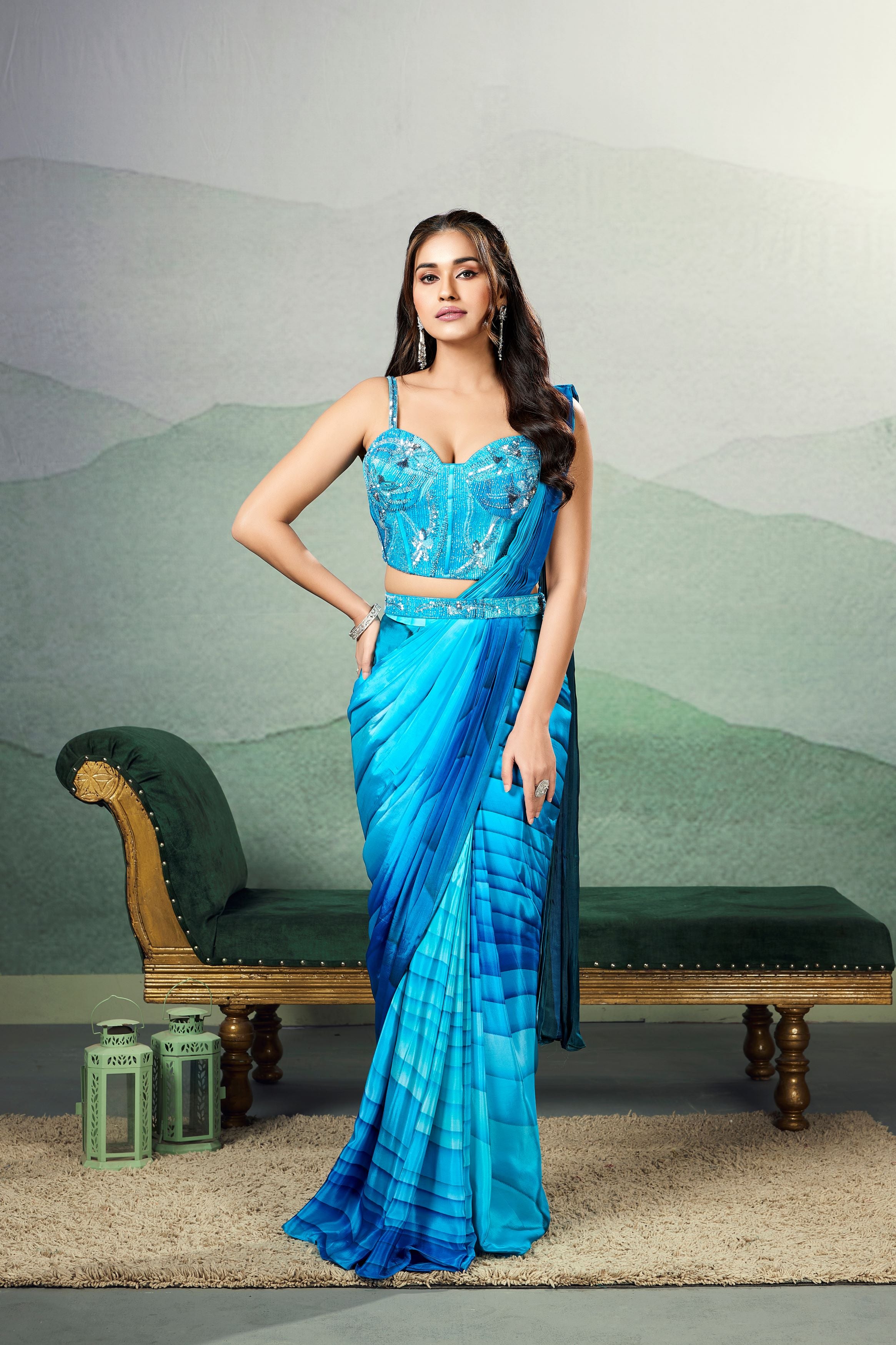 Blue Ombre-Dyed Digital Printed Chinon Silk Saree