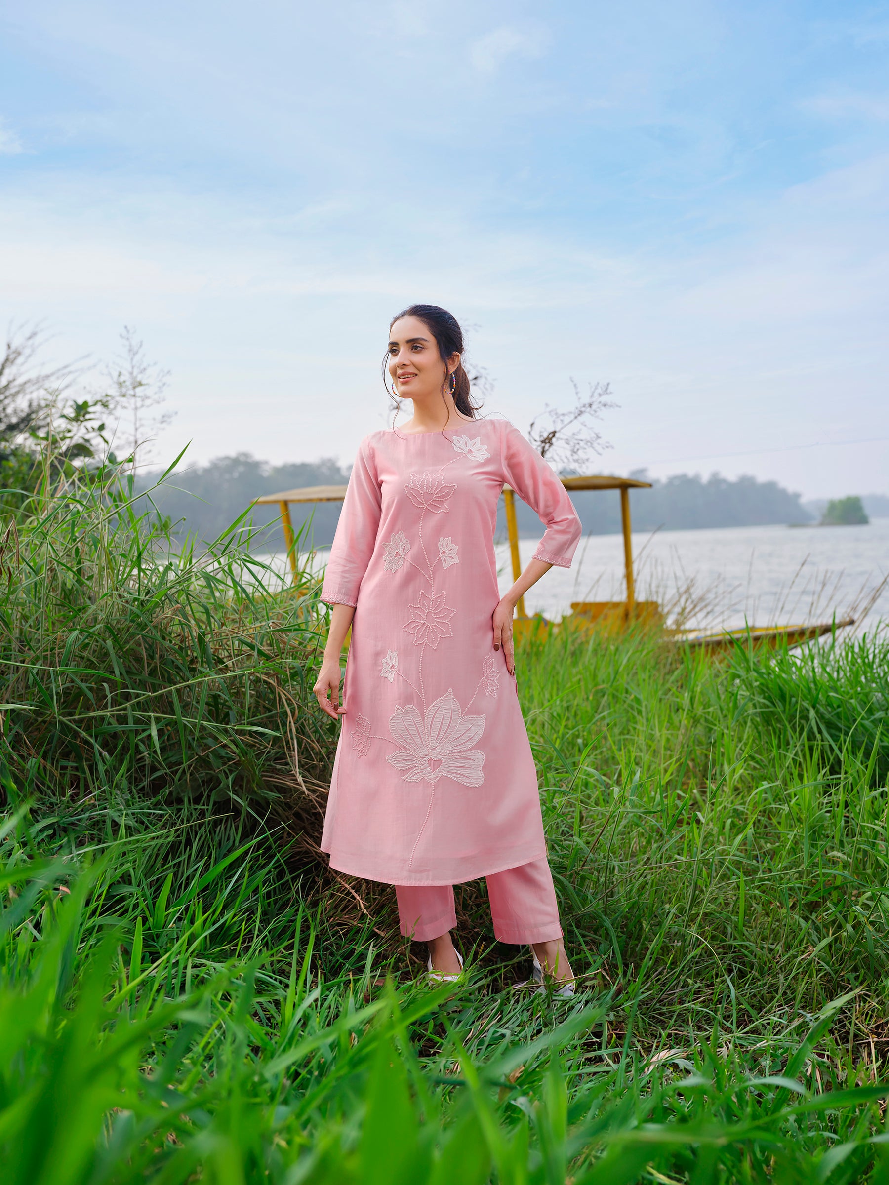 Pastel Pink Embroidered Chanderi Silk Kurta Set