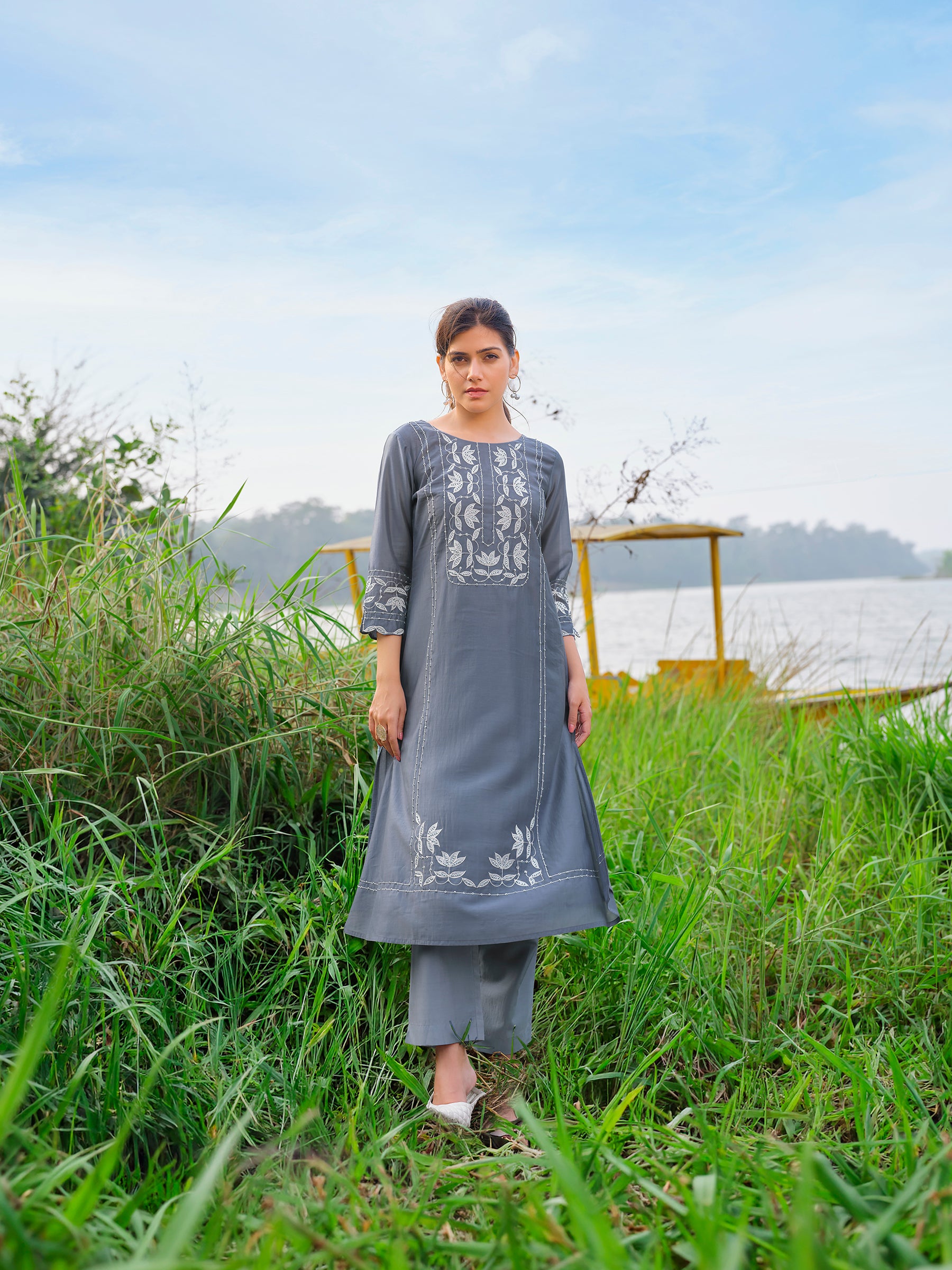 Slate Blue Embroidered Chanderi Silk Kurta Set
