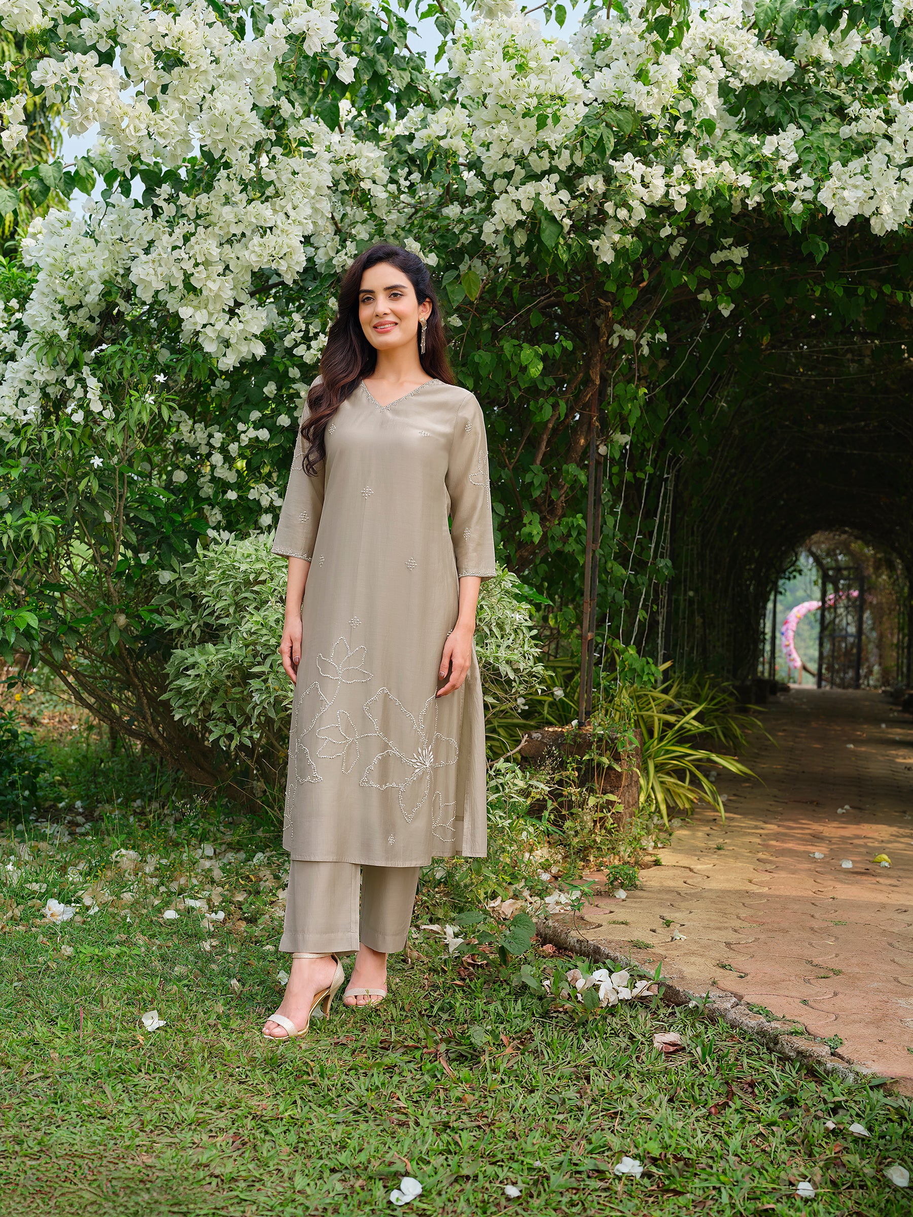 Warm Taupe Floral Embroidered Chanderi Silk Kurta Set
