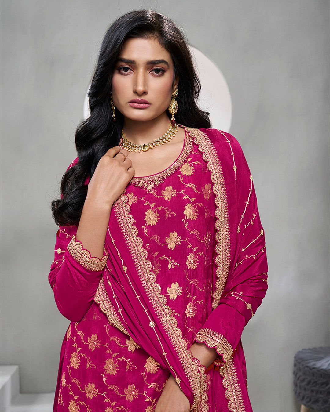 Magenta Pink Chinon Silk Kurta & Palazzo Set