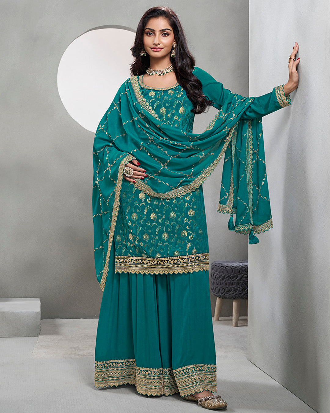 Teal Golden Chinon Silk Kurta & Palazzo Set