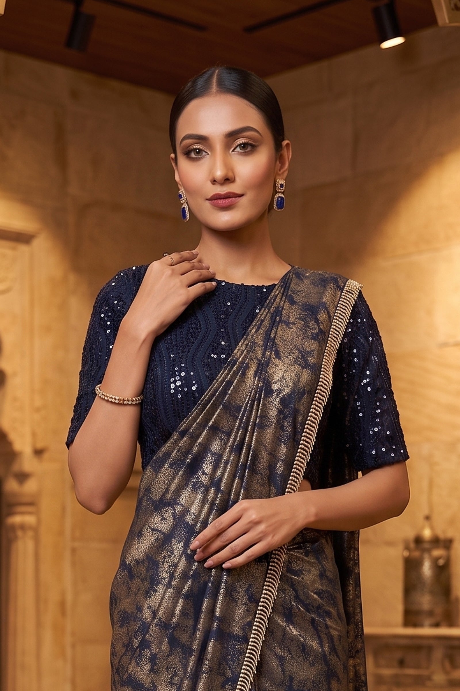 Navy Blue Printed Premium Lycra Silk Saree