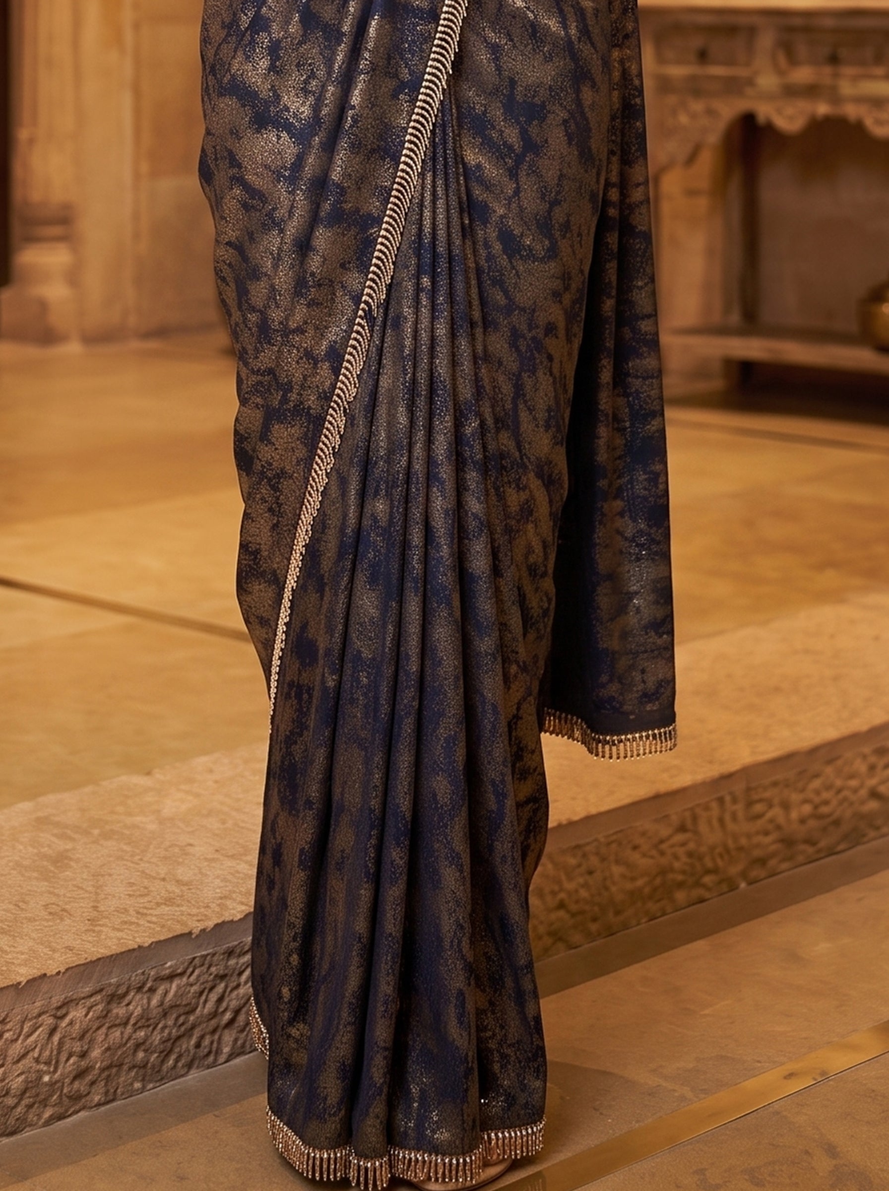 Navy Blue Printed Premium Lycra Silk Saree