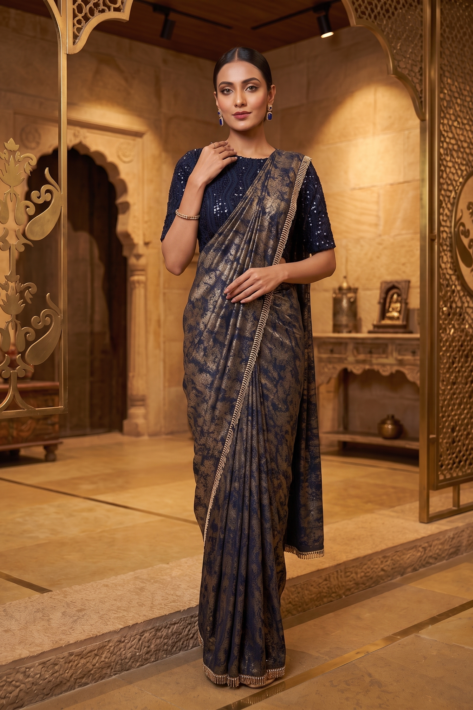 Navy Blue Printed Premium Lycra Silk Saree