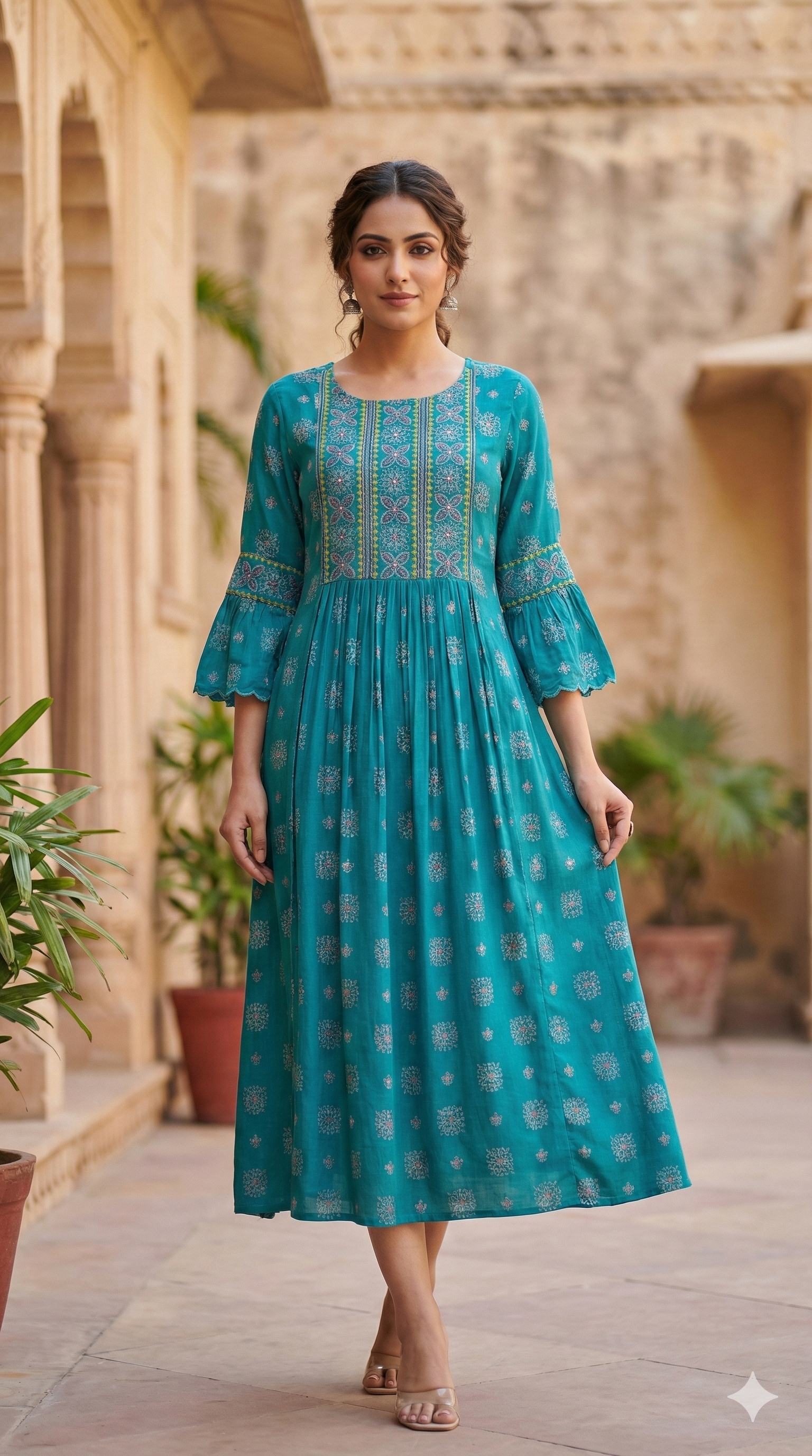 Aqua Blue Printed Crepe Silk Midi Dress