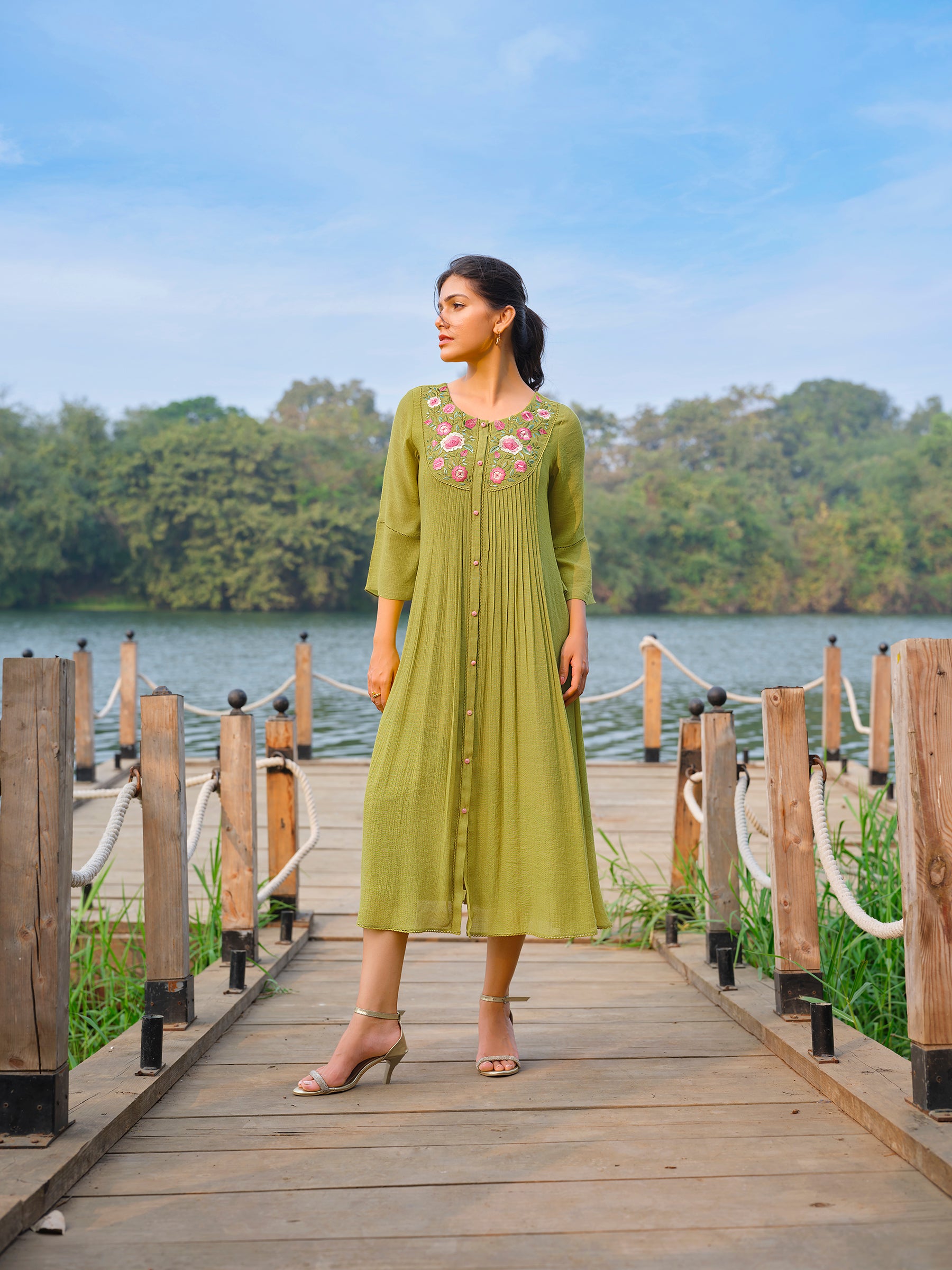 Moss Green Floral Embroidered Viscose Silk Dress