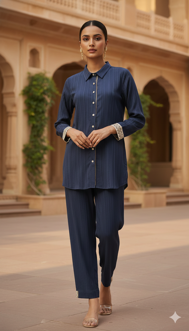 Navy Blue Embroidered Viscose Silk Co-ord Set