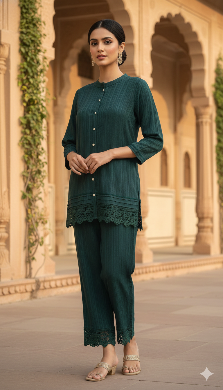 Emerald Green Embroidered Viscose Silk Co-ord Set