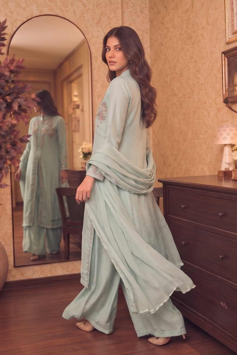 Powder Blue Embellished Chinon Silk Palazzo Set