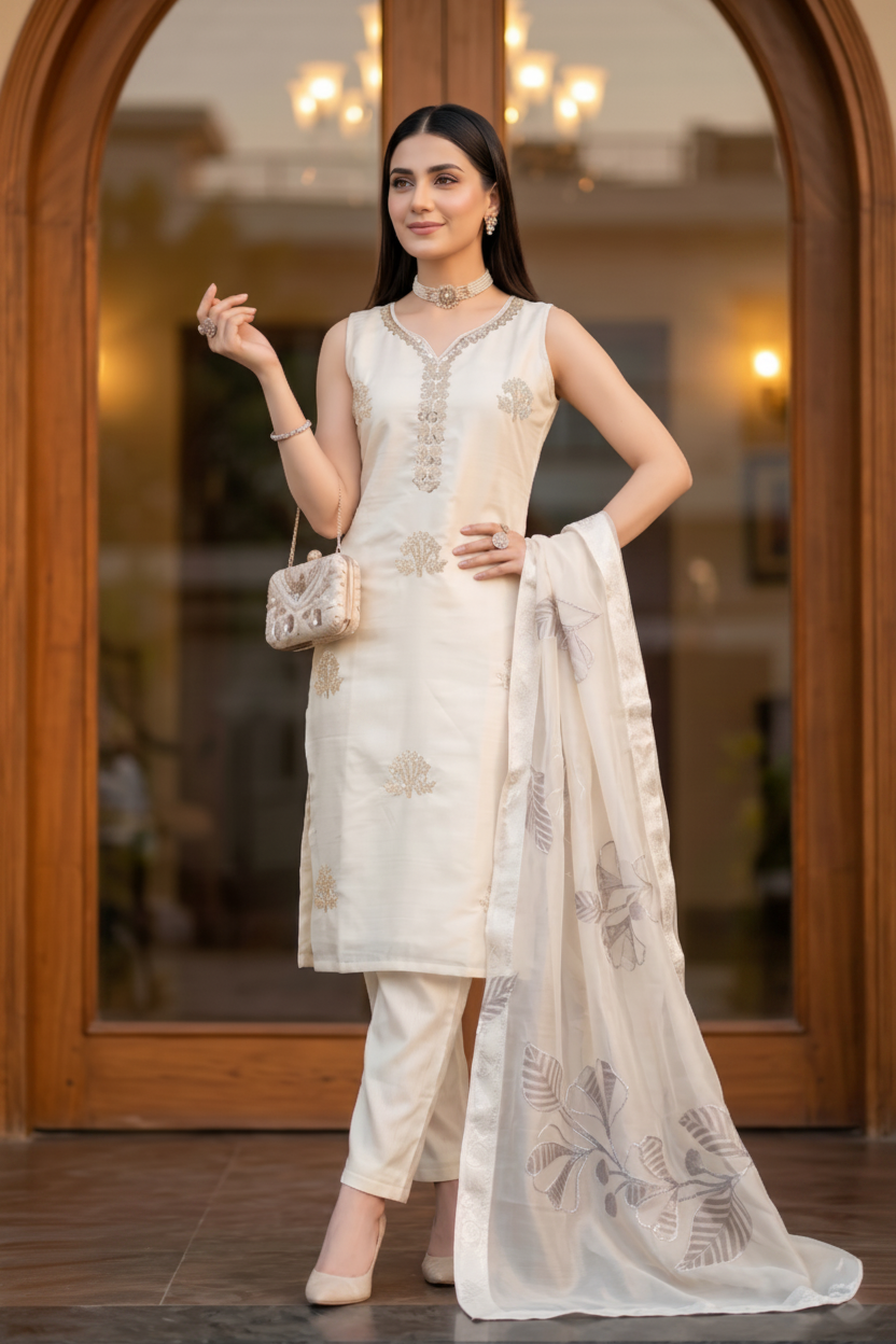 Off White Embellished Dola Silk Pant Set
