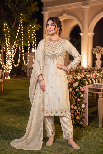 Off Cream Pearl Embellished Crepe Silk Pant Set