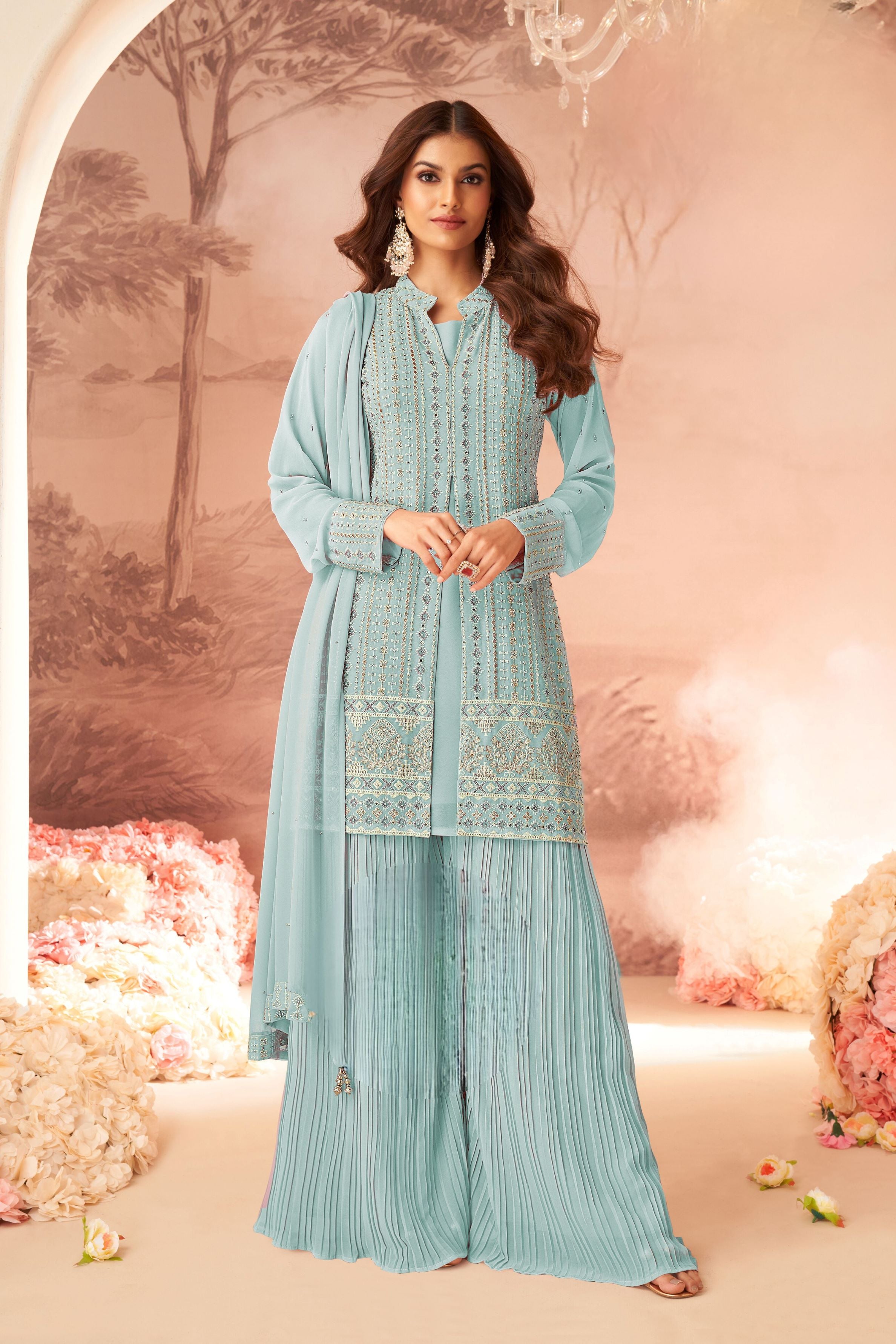 Light Turquoise Embellished Georgette Silk Palazzo Set