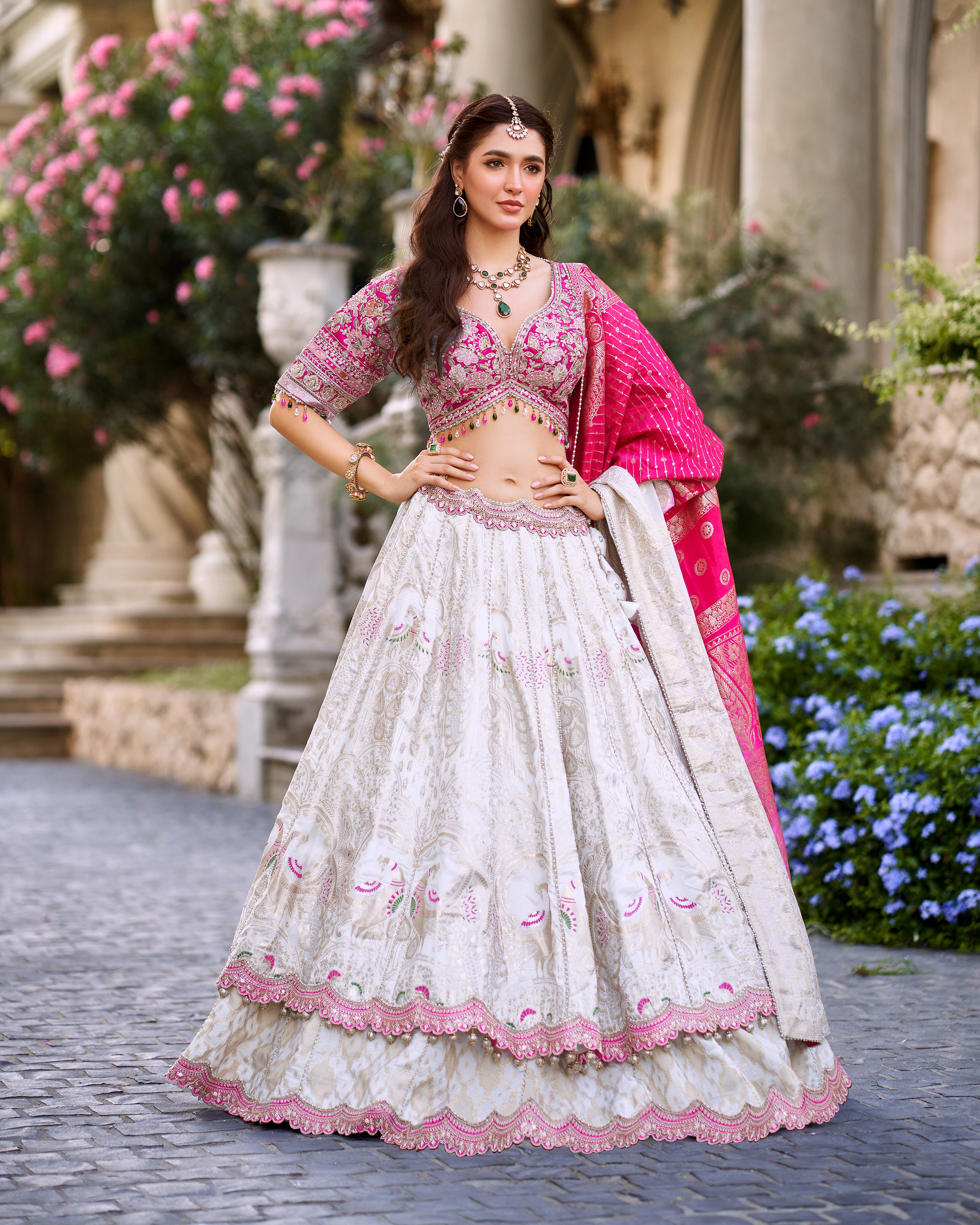 Off-White Embellished Brocade Silk Lehenga Set