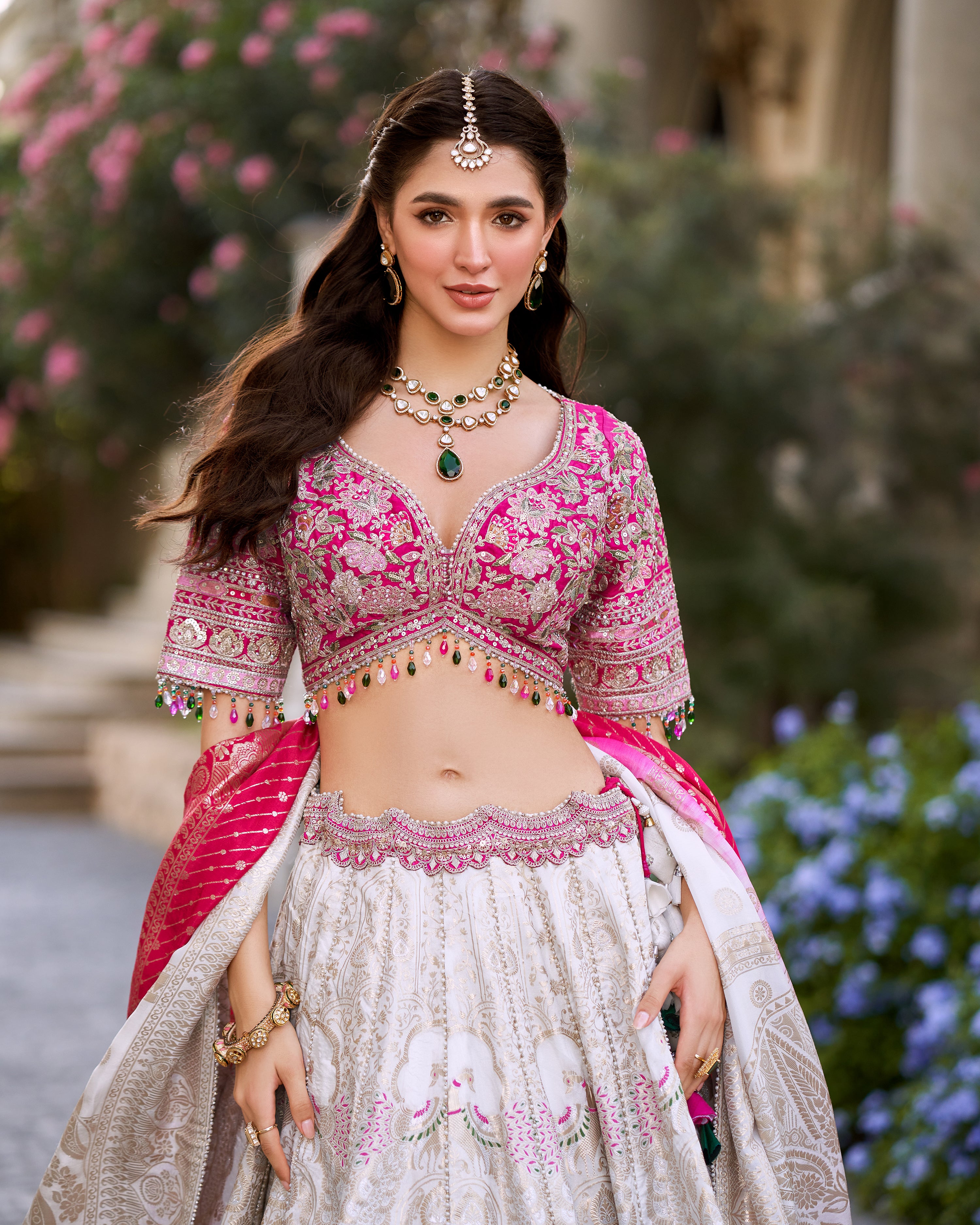 Off-White Embellished Brocade Silk Lehenga Set