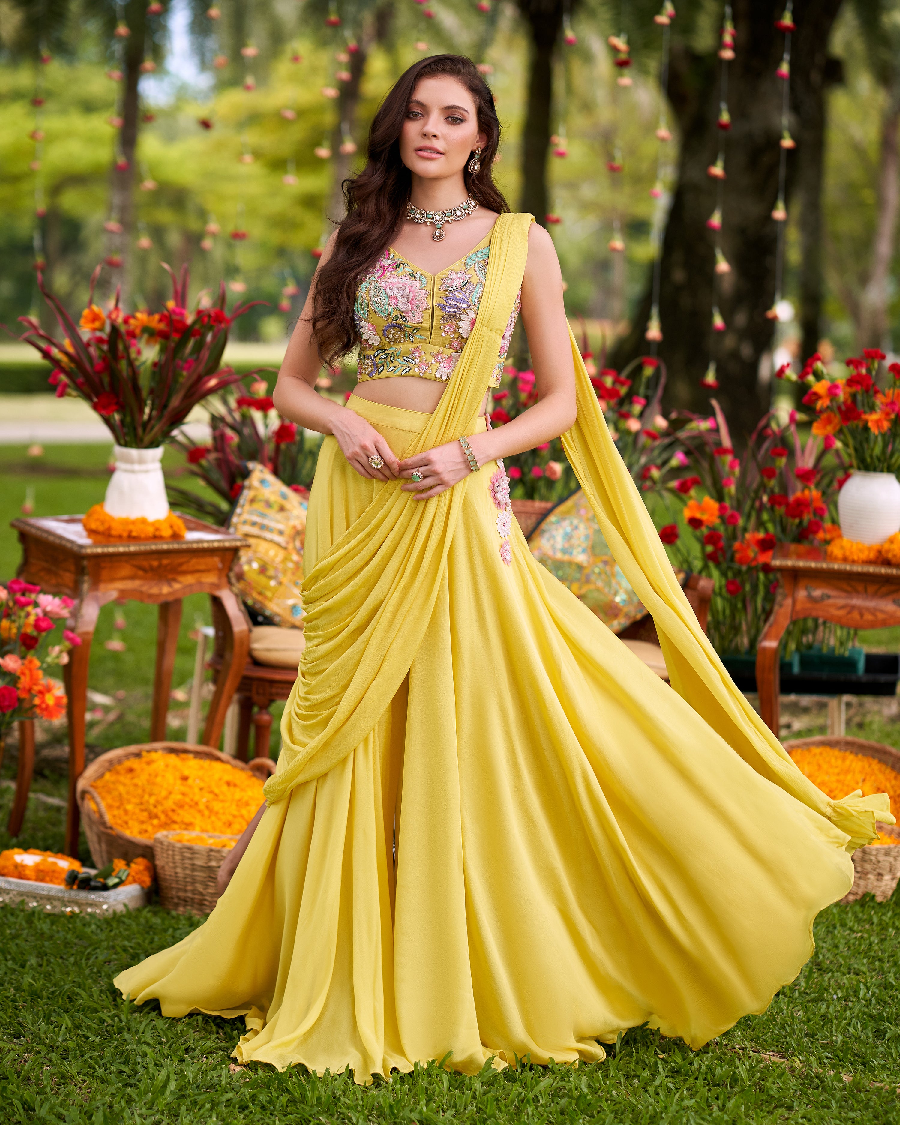 Marigold Yellow Embellished Chinon Silk Palazzo Set