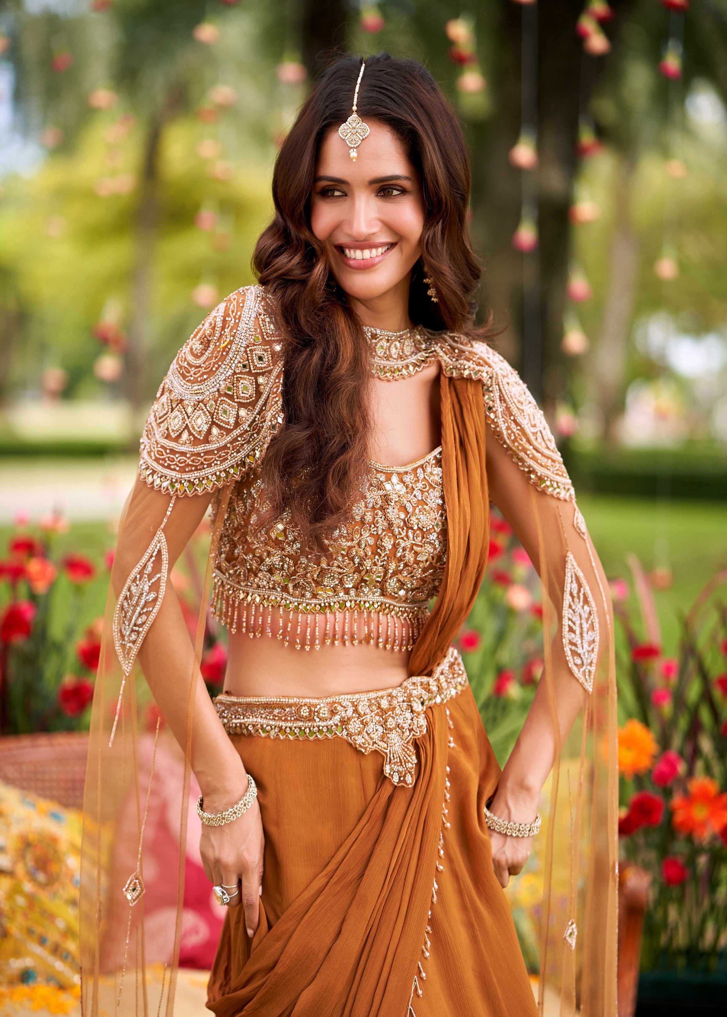 Copper Embellished Crepe Silk Skirt Set