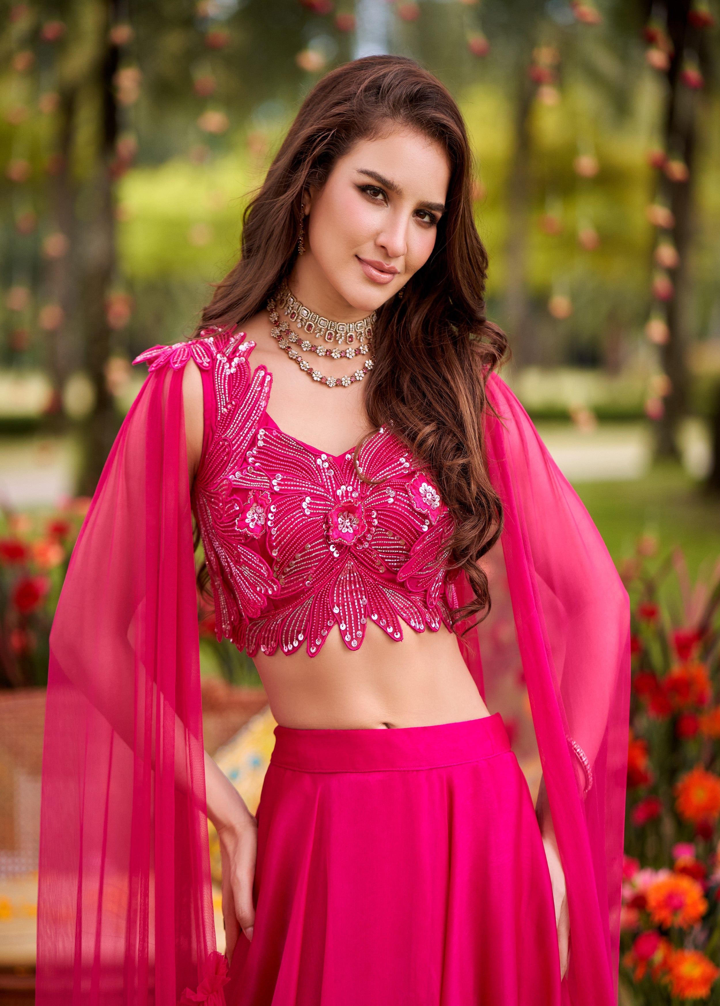 Berry Pink Embellished Imported Fabric Skirt Set