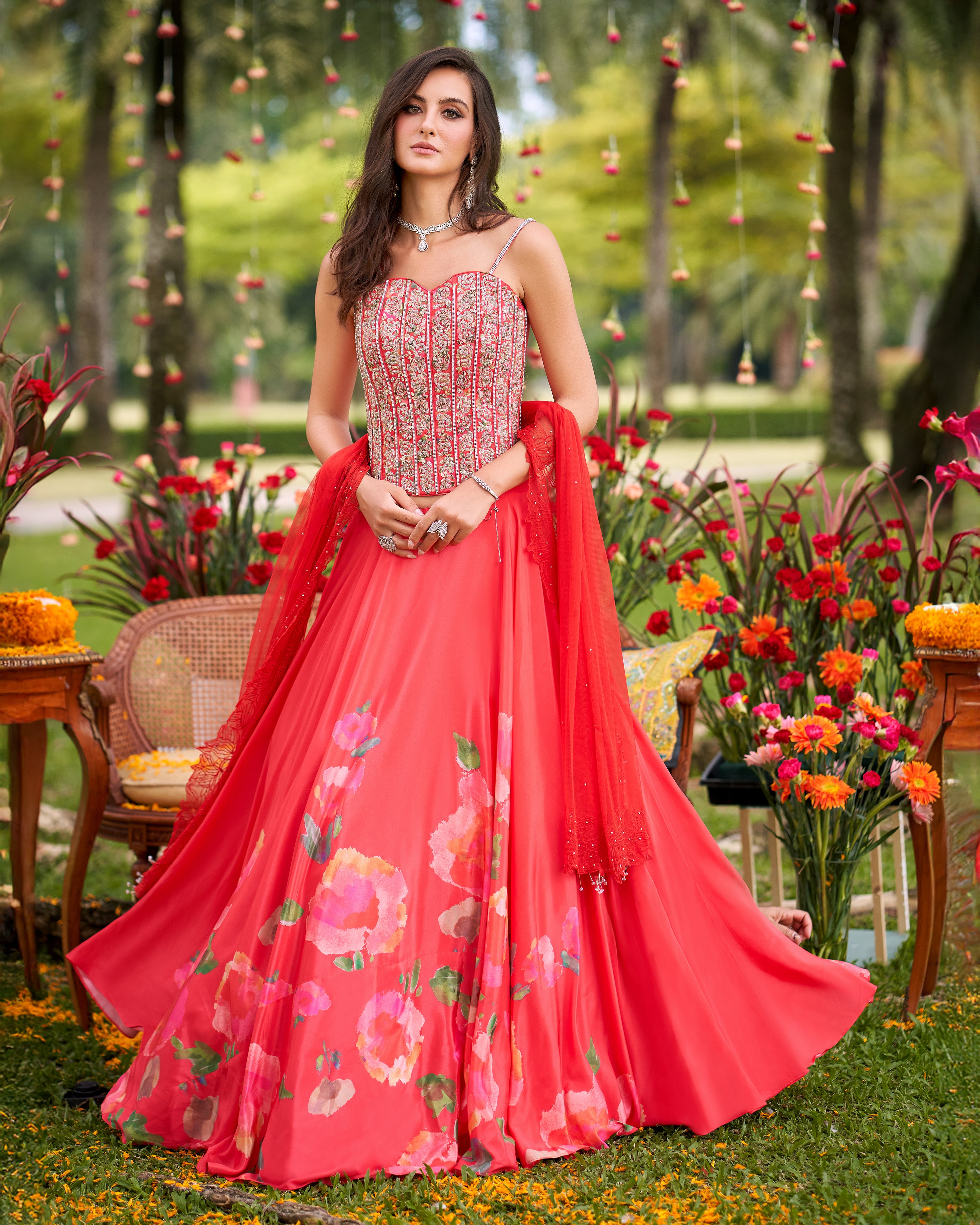 Light Peach Orange Embellished Satin Silk Lehenga Set