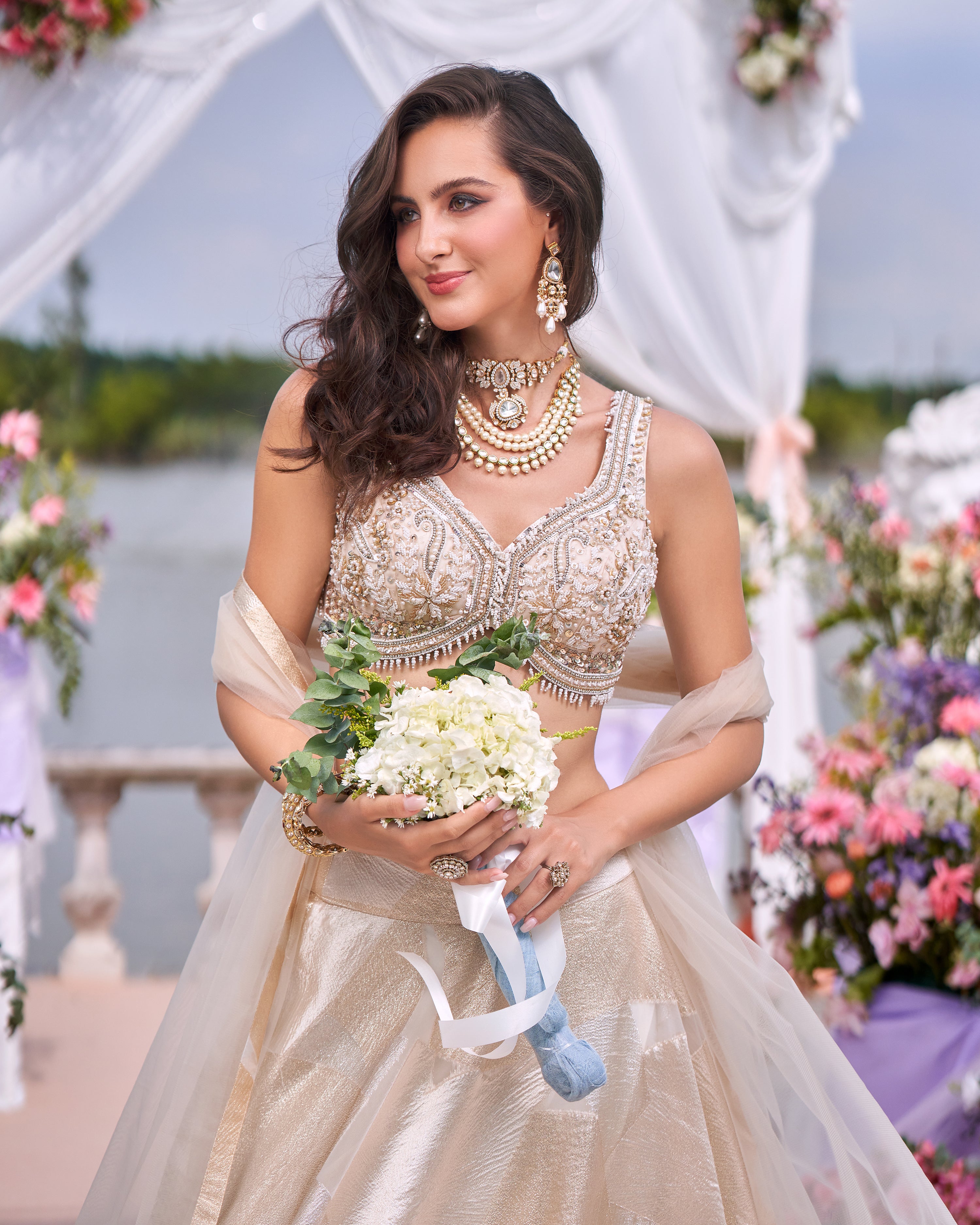 Antique Golden Embellished Shimmer Tissue Lehenga Set