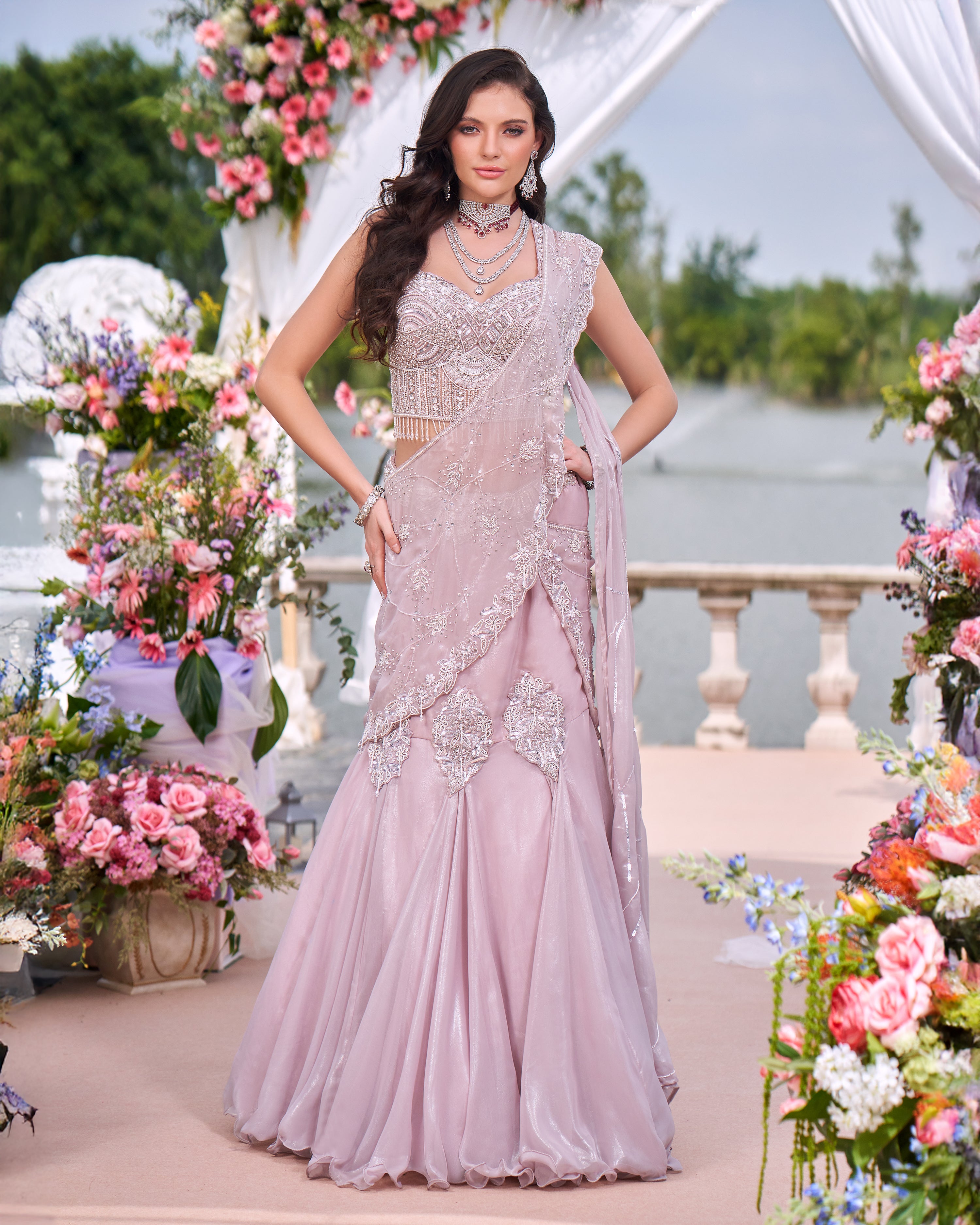 Nude Pink Embellished Shimmer Lycra Silk Skirt Set