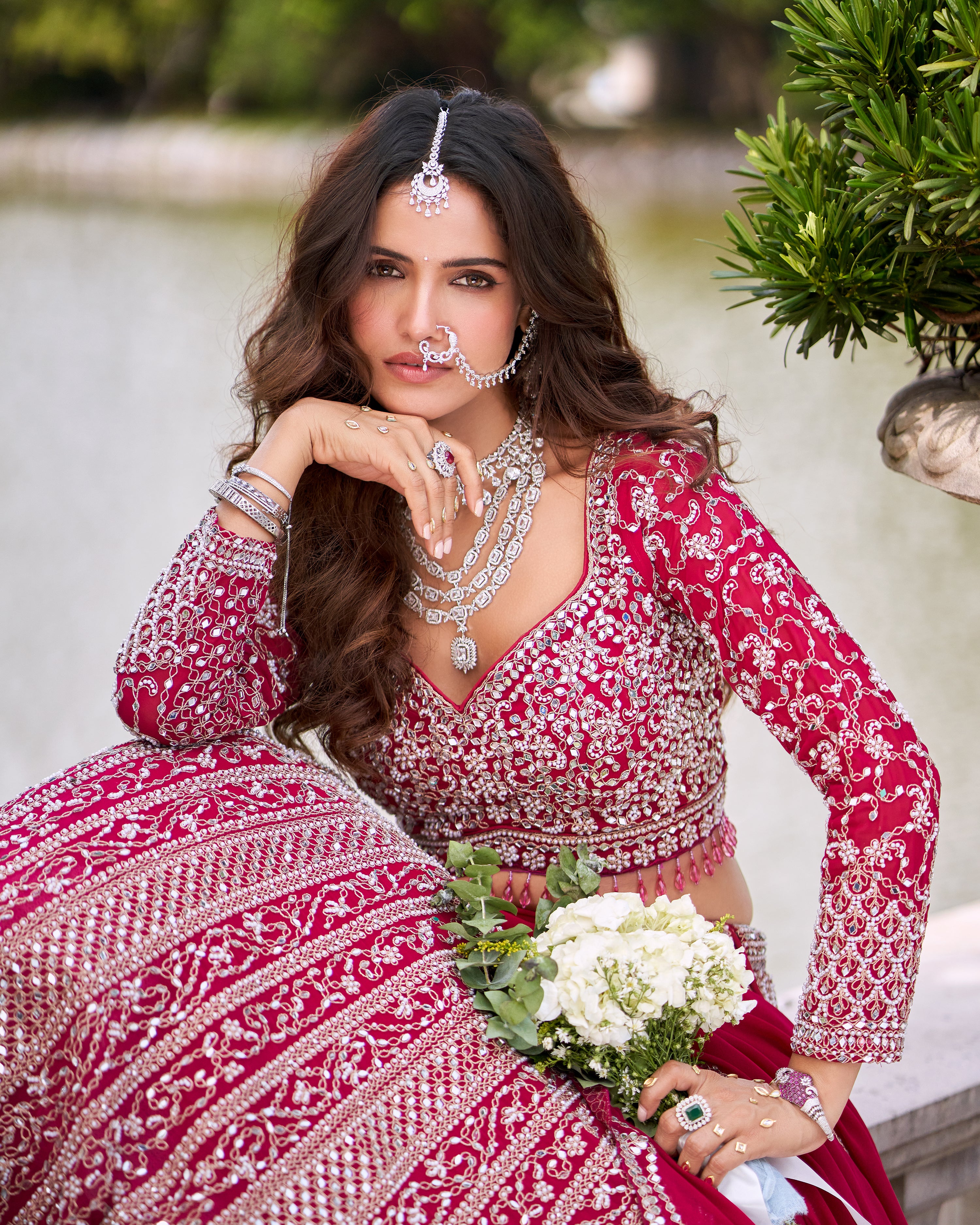 Hot Pink Embellished Georgette Silk Lehenga Set