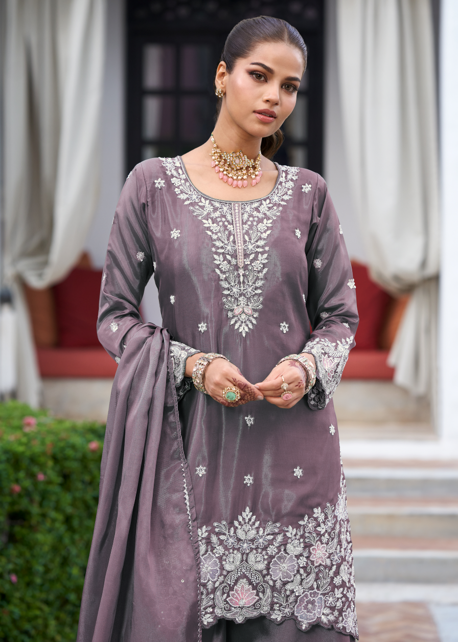 Muted Purple Embellished Premium Silk Palazzo Set