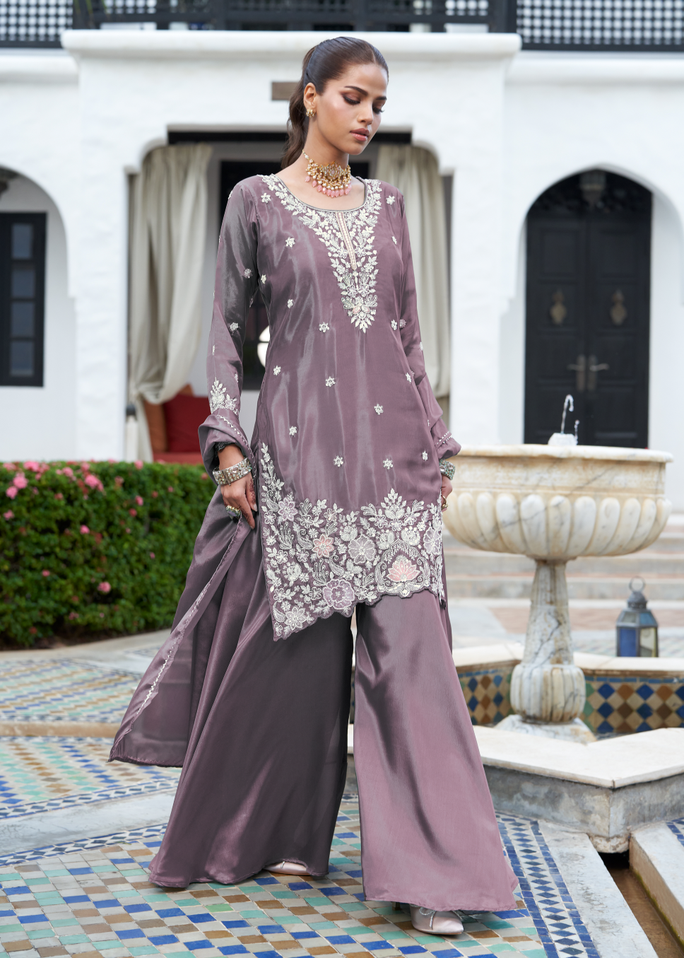 Muted Purple Embellished Premium Silk Palazzo Set