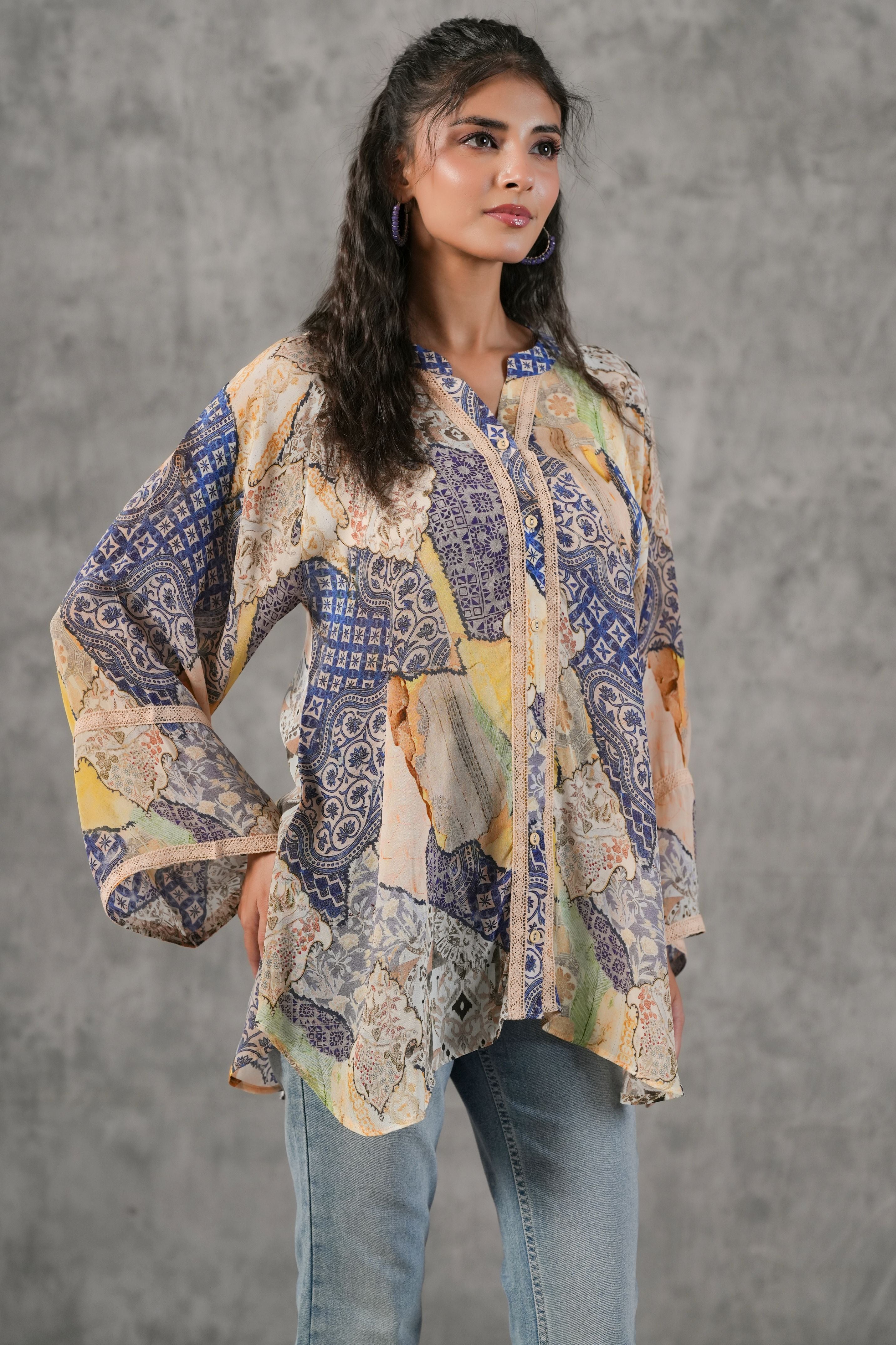 Indigo Ivory Printed Crepe Silk Shirt