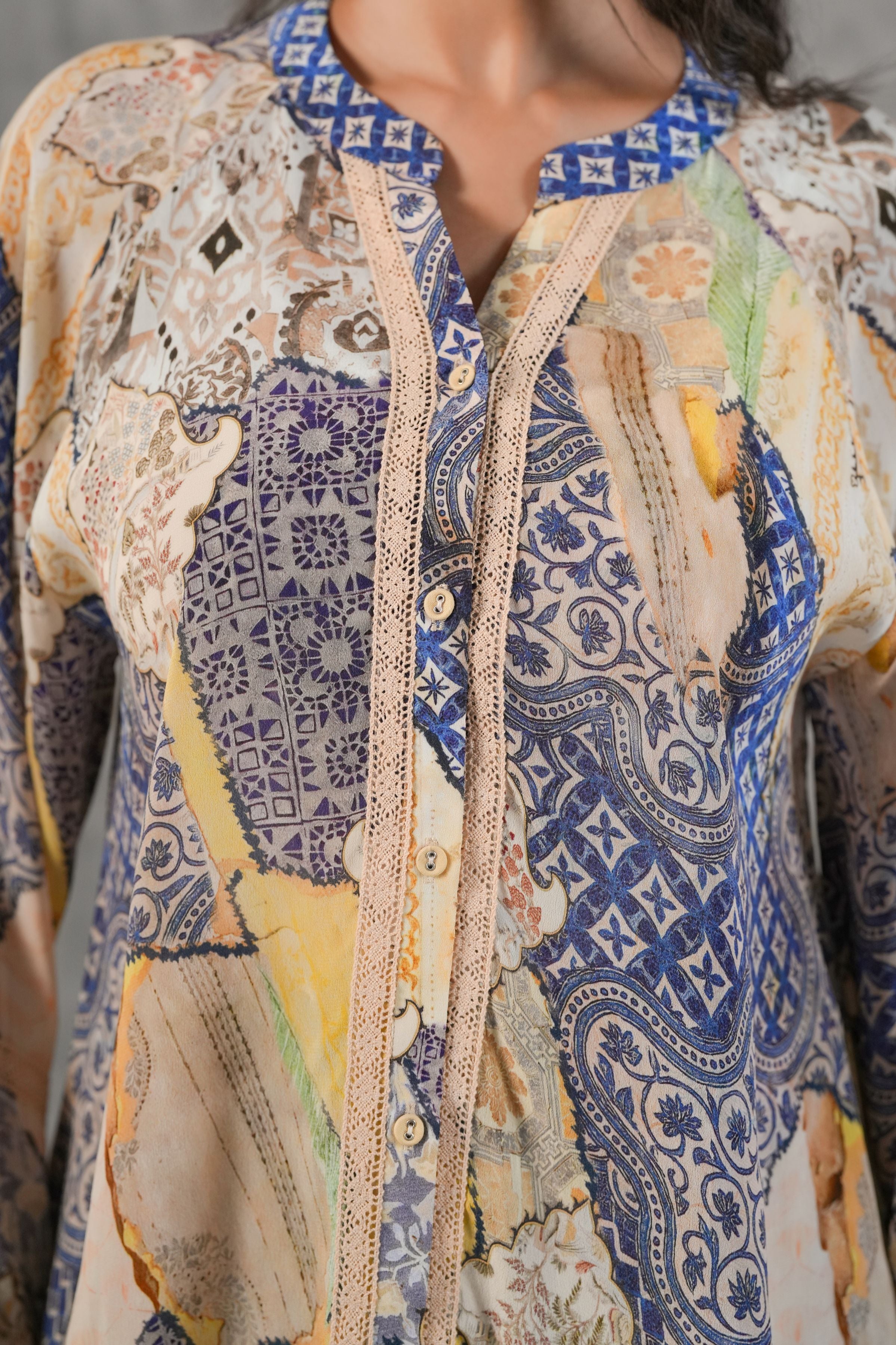 Indigo Ivory Printed Crepe Silk Shirt